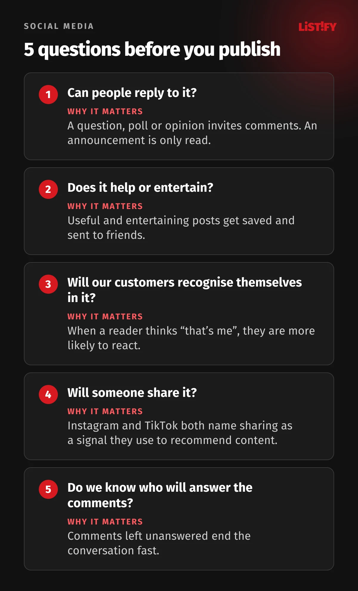 Five questions before publishing a post: can people reply to it, does it help or entertain, will our customers recognise themselves in it, will someone share it, and do we know who will answer the comments