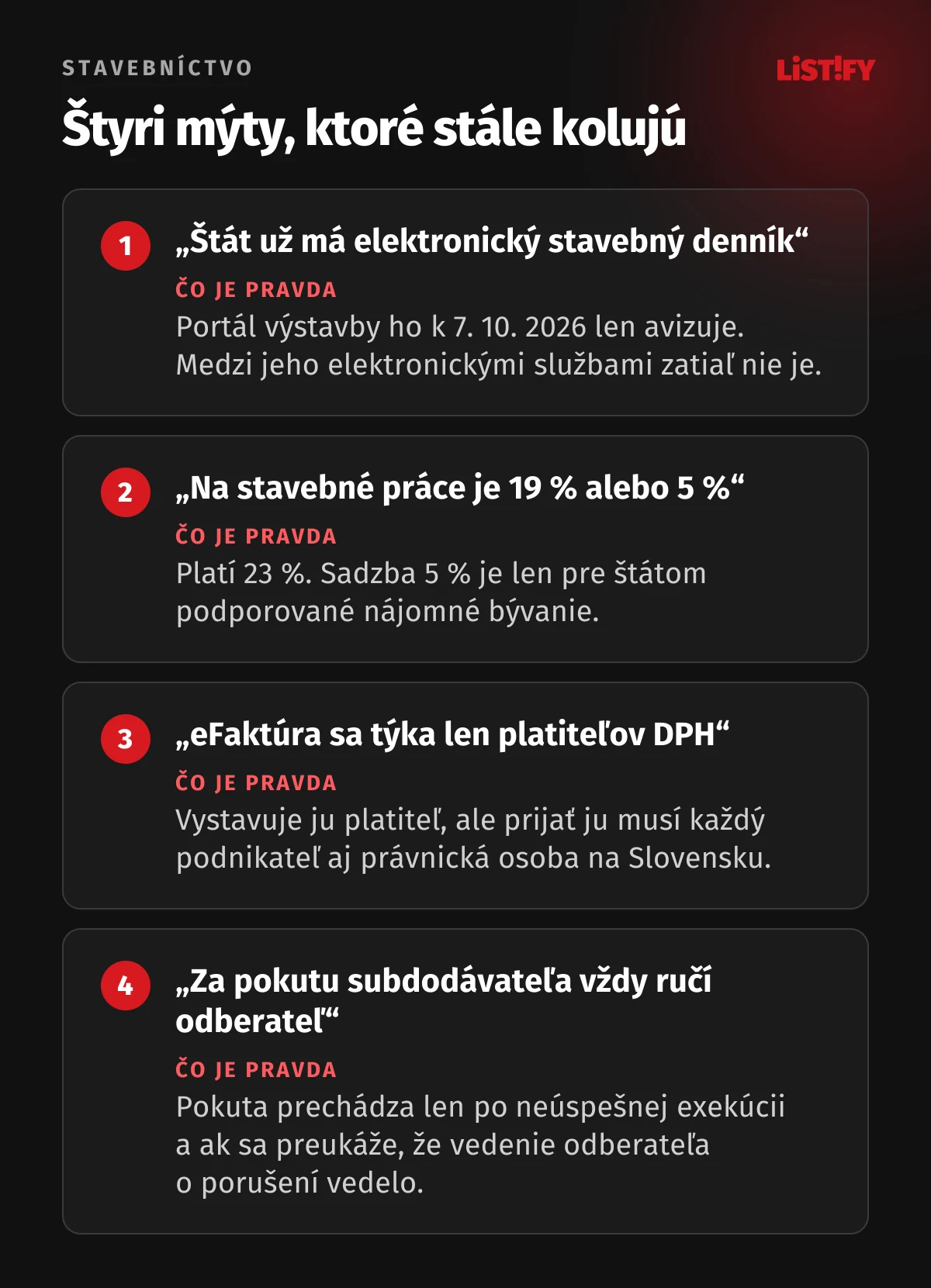 Štyri mýty o stavebníctve: Portál výstavby štátny elektronický denník zatiaľ len avizuje, na stavebné práce platí 23 % DPH, eFaktúru musí vedieť prijať aj neplatiteľ, pokuta subdodávateľa prechádza na odberateľa len po neúspešnej exekúcii a ak o porušení vedel
