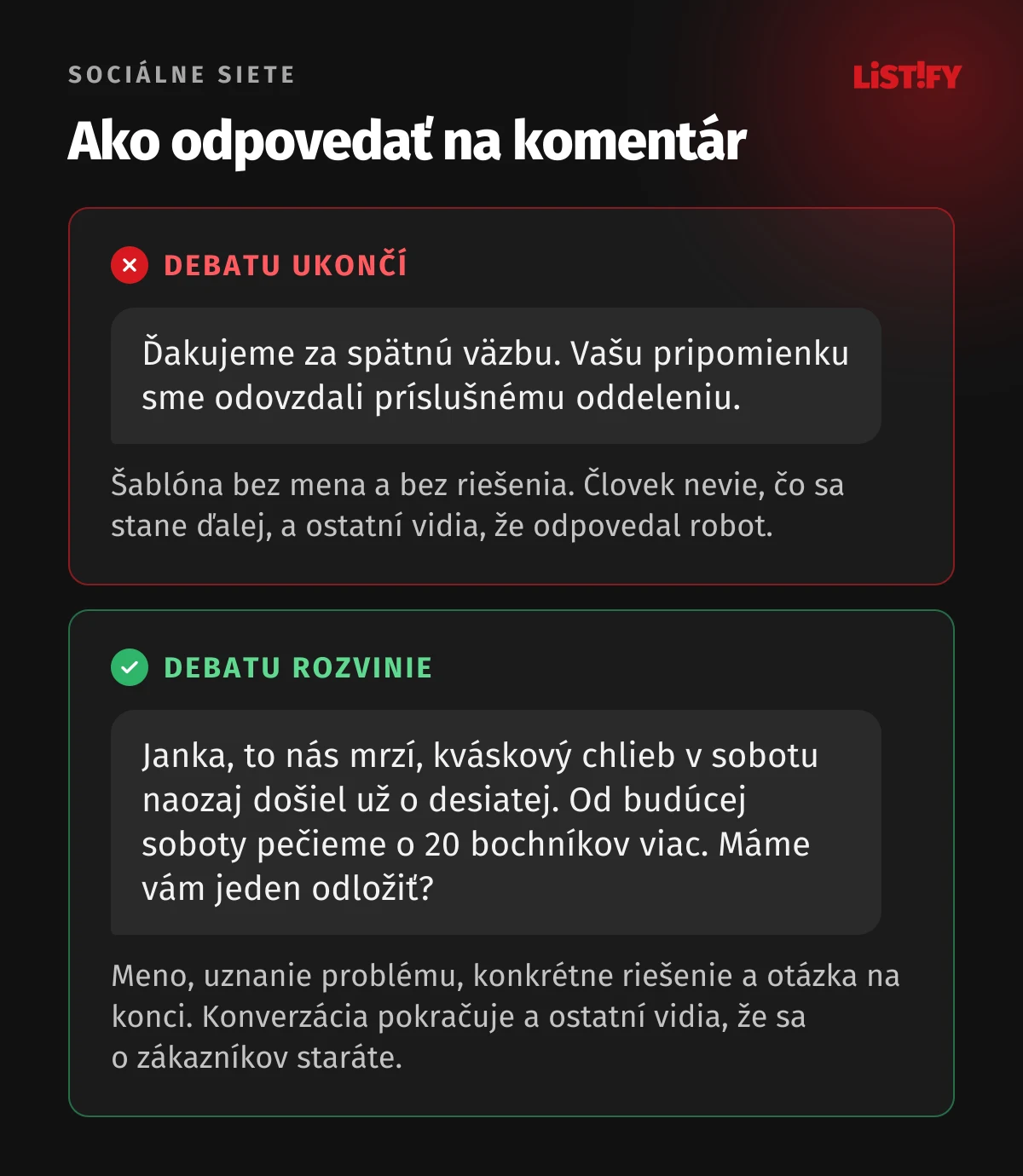 Príklad odpovede na komentár: šablónovitá odpoveď „Ďakujeme za spätnú väzbu“ debatu ukončí, kým osobná odpoveď s menom, riešením a otázkou ju rozvinie
