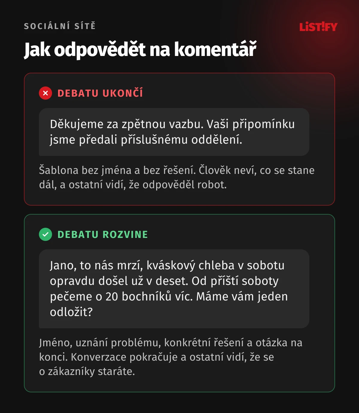 Příklad odpovědi na komentář: šablonovitá odpověď „Děkujeme za zpětnou vazbu“ debatu ukončí, kdežto osobní odpověď se jménem, řešením a otázkou ji rozvine