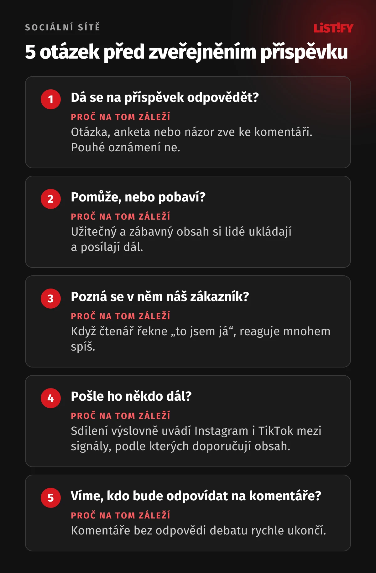 Pět otázek před zveřejněním příspěvku: dá se na něj odpovědět, pomůže nebo pobaví, pozná se v něm náš zákazník, pošle ho někdo dál a víme, kdo bude odpovídat na komentáře