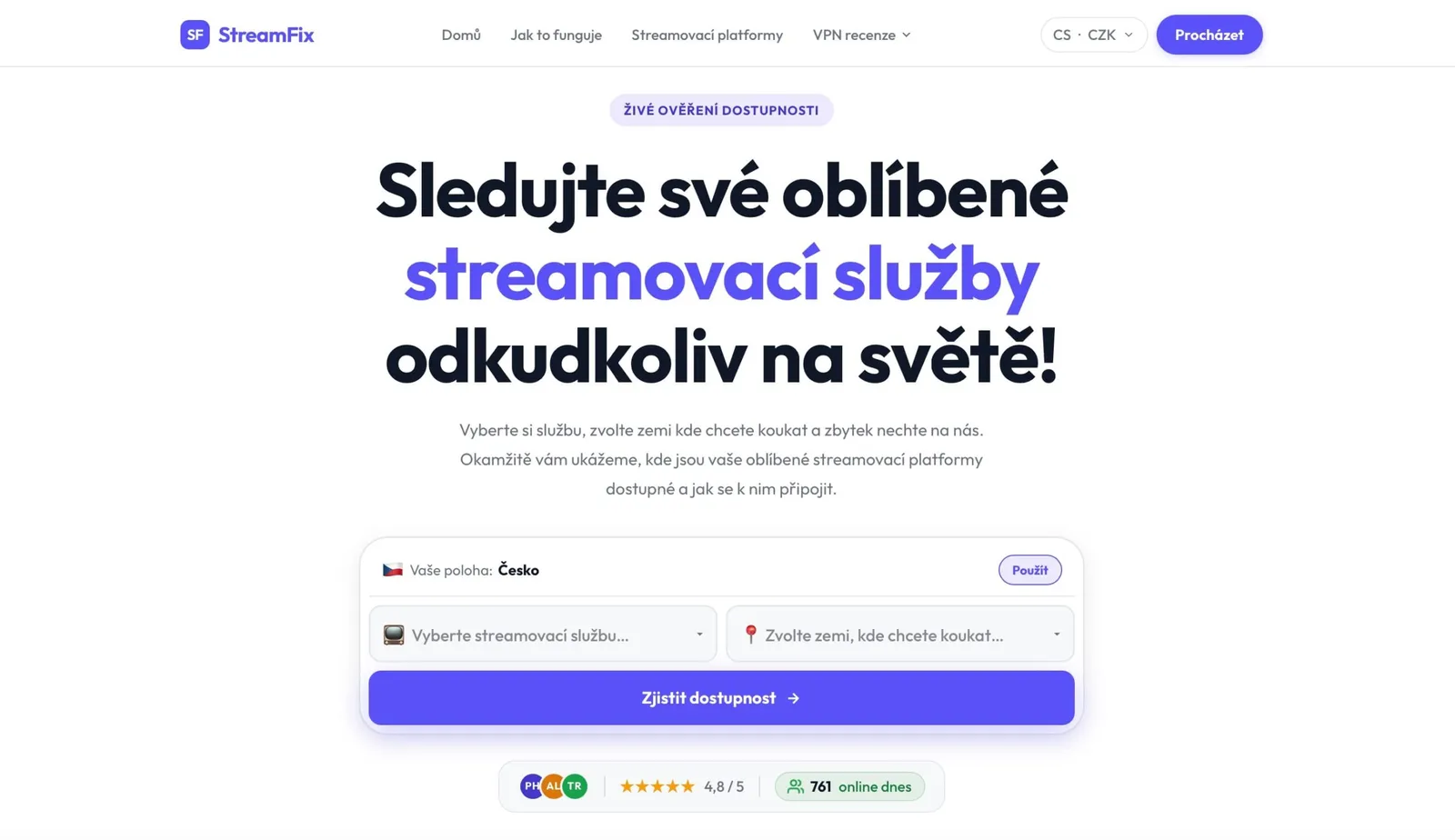 Úvodní obrazovka webu StreamFix.io s vyhledáním dostupnosti streamovacích služeb