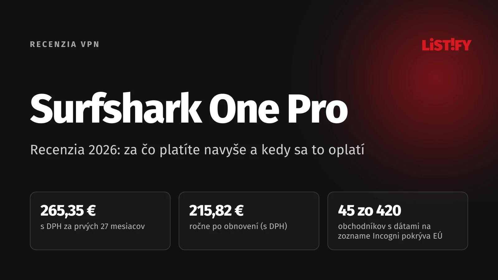 Obálka recenzie Surfshark One Pro: 265,35 € s DPH za prvých 27 mesiacov, obnovenie 215,82 € ročne, Incogni Unlimited samostatne 179,88 USD ročne