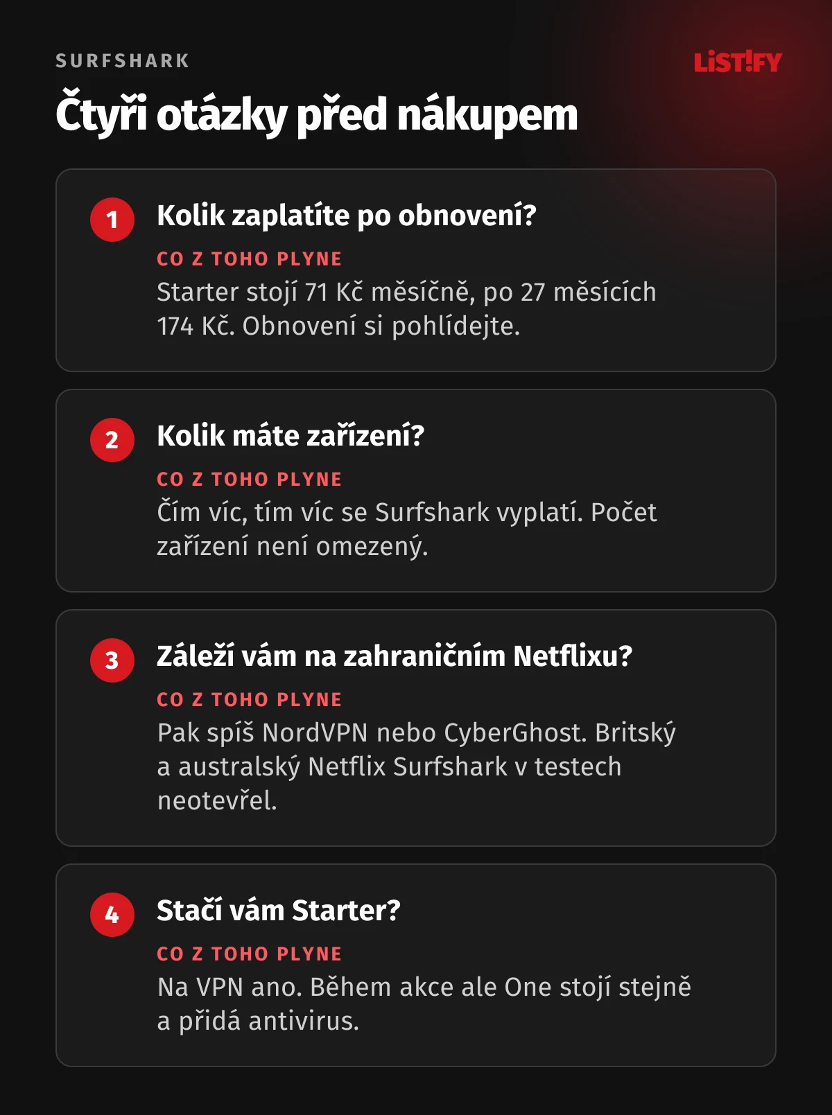 Čtyři otázky před nákupem Surfsharku: kolik zaplatíte po obnovení, kolik máte zařízení, záleží vám na Netflixu, stačí vám Starter