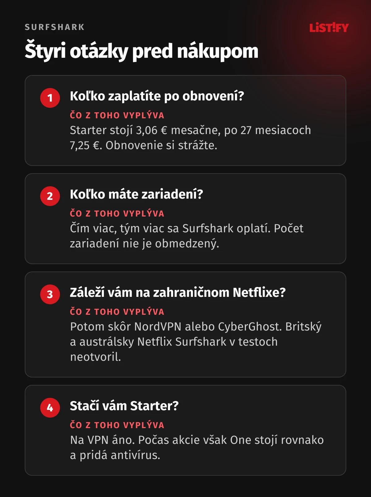 Štyri otázky pred nákupom Surfsharku: koľko zaplatíte po obnovení, koľko máte zariadení, záleží vám na Netflixe, stačí vám Starter