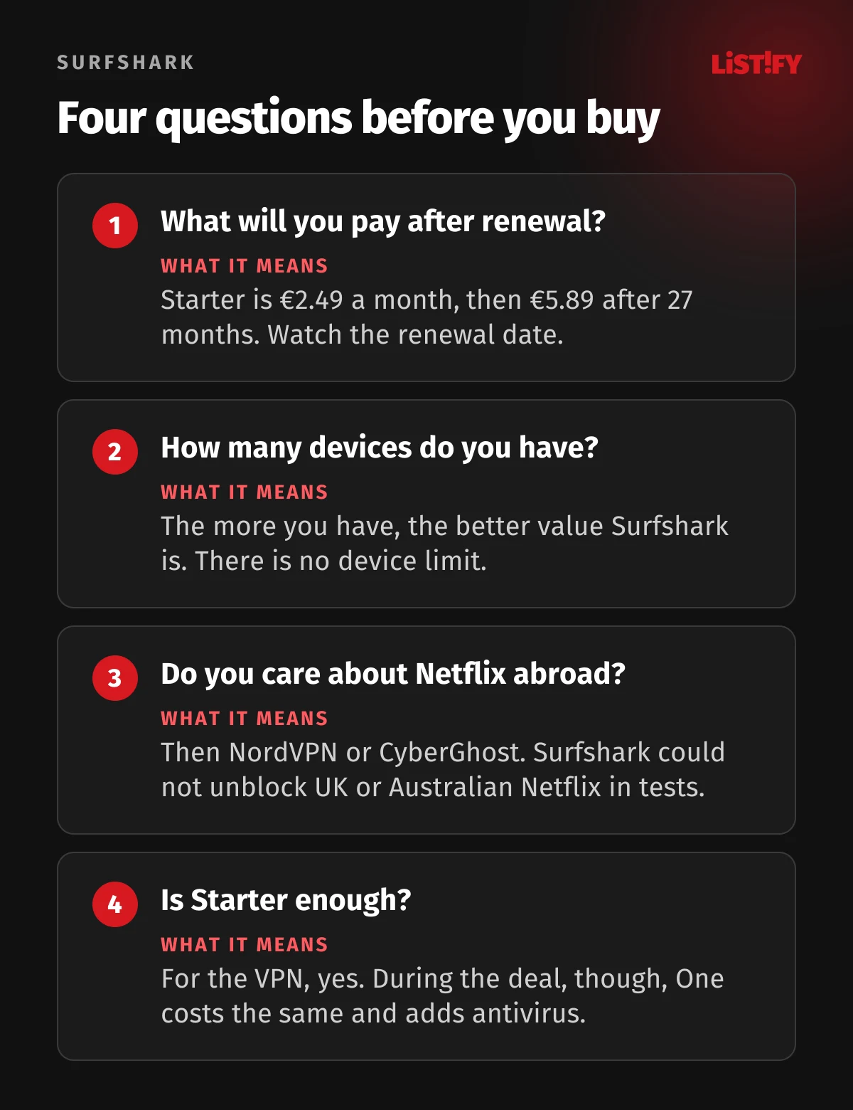 Four questions before buying Surfshark: what you pay after renewal, how many devices you have, whether Netflix matters, whether Starter is enough