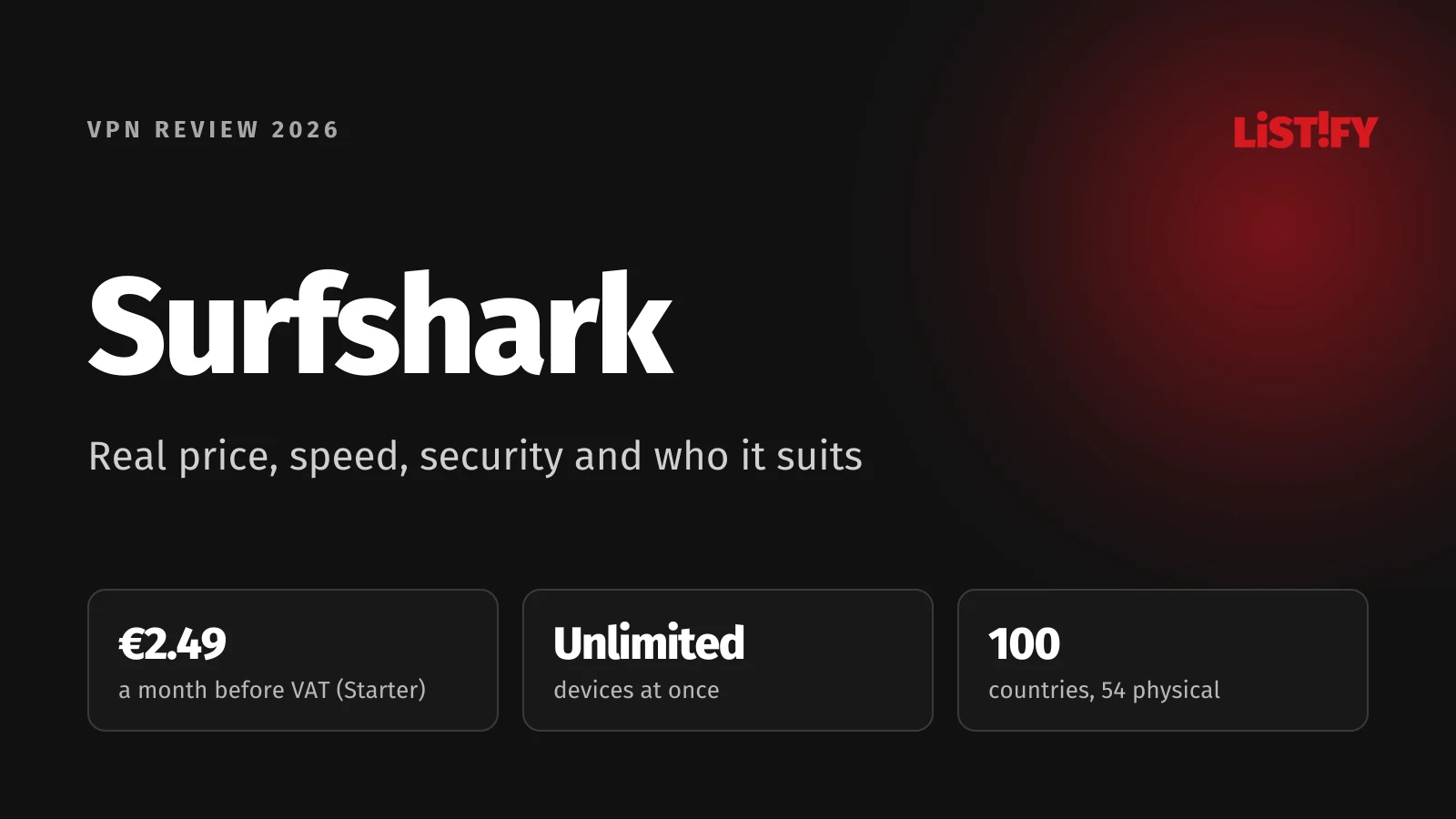 Surfshark review 2026 cover: Starter €2.49 a month before VAT, unlimited devices, 100 countries of which 54 have physical servers