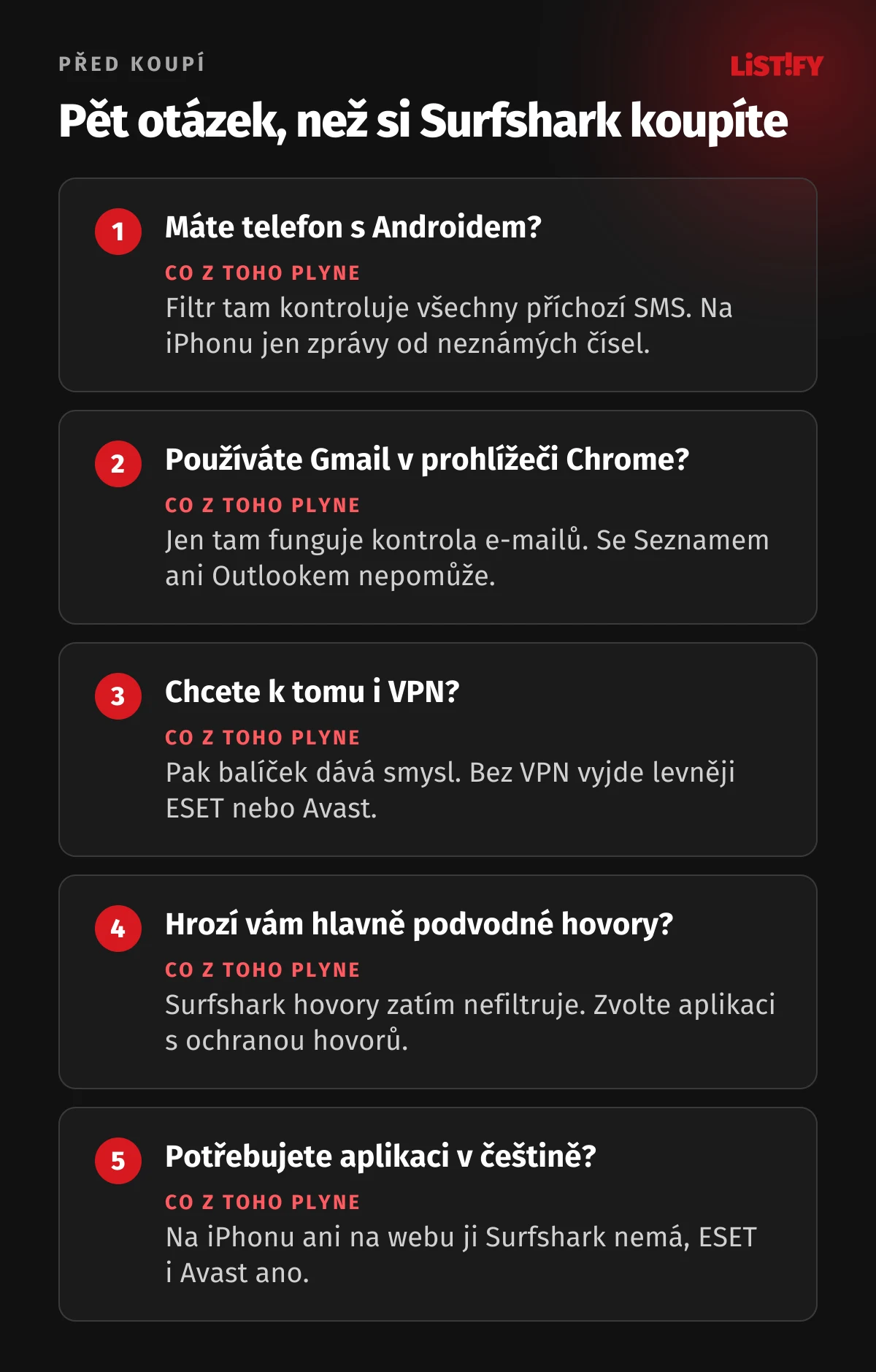 Pět otázek před koupí Surfshark Scam Protection: telefon s Androidem, Gmail, potřeba VPN, ohrožení telefonáty a čeština v aplikaci