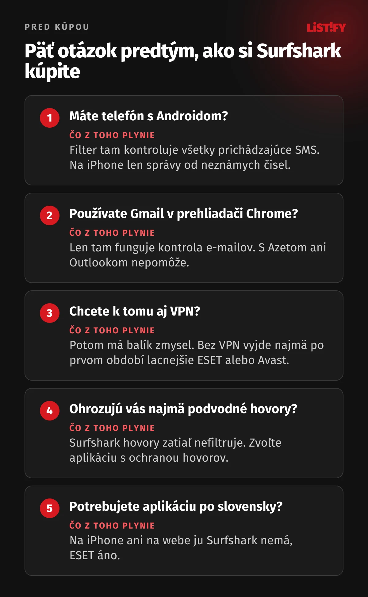 Päť otázok pred kúpou Surfshark Scam Protection: telefón s Androidom, Gmail, potreba VPN, ohrozenie telefonátmi a slovenčina v aplikácii