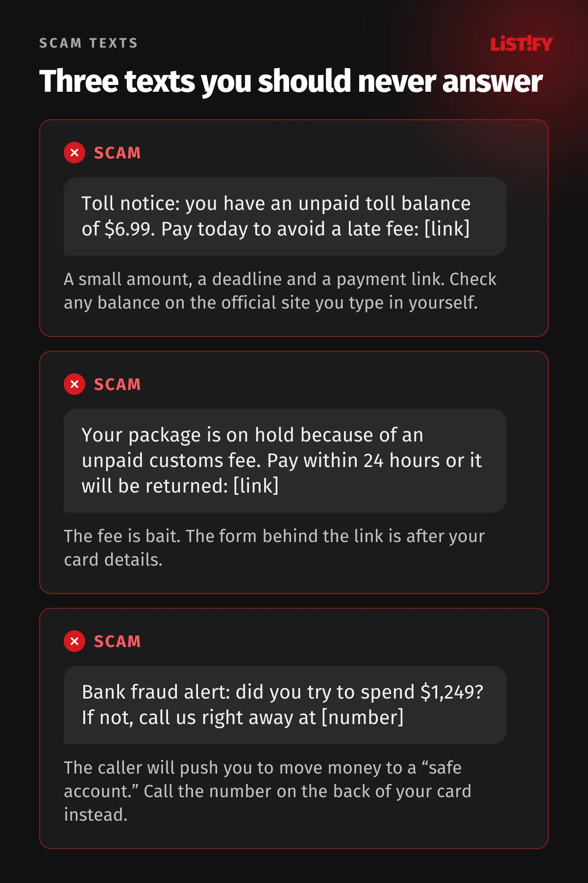 Three typical scam texts: an unpaid toll notice, a package held for a customs fee, and a bank fraud alert asking you to call a number, with the red flags in each explained