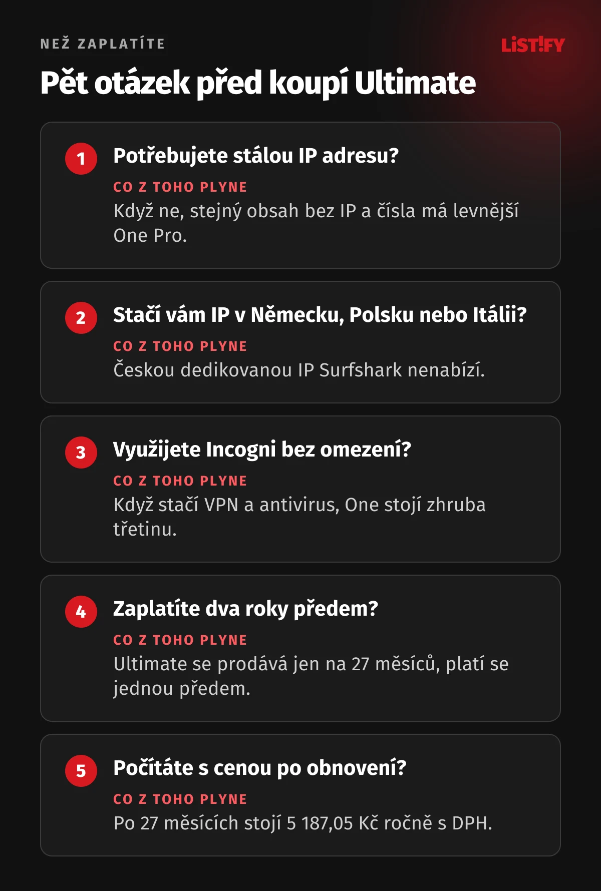 Pět otázek, než koupíte Surfshark Ultimate: potřebujete stálou IP, stačí vám zahraniční IP, využijete Incogni bez omezení, zaplatíte dva roky předem, počítáte s cenou po obnovení