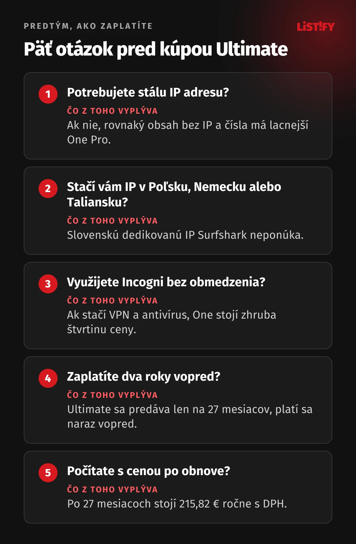 Päť otázok pred kúpou Surfshark Ultimate: potrebujete stálu IP, stačí vám zahraničná IP, využijete Incogni bez obmedzenia, zaplatíte dva roky vopred, počítate s cenou po obnove