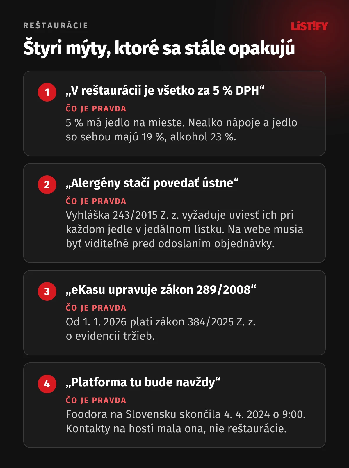 Štyri mýty o reštauráciách: v reštaurácii nie je všetko za 5 % DPH, alergény nestačí povedať ústne, eKasa sa už neriadi zákonom 289/2008, platforma tu nemusí byť navždy