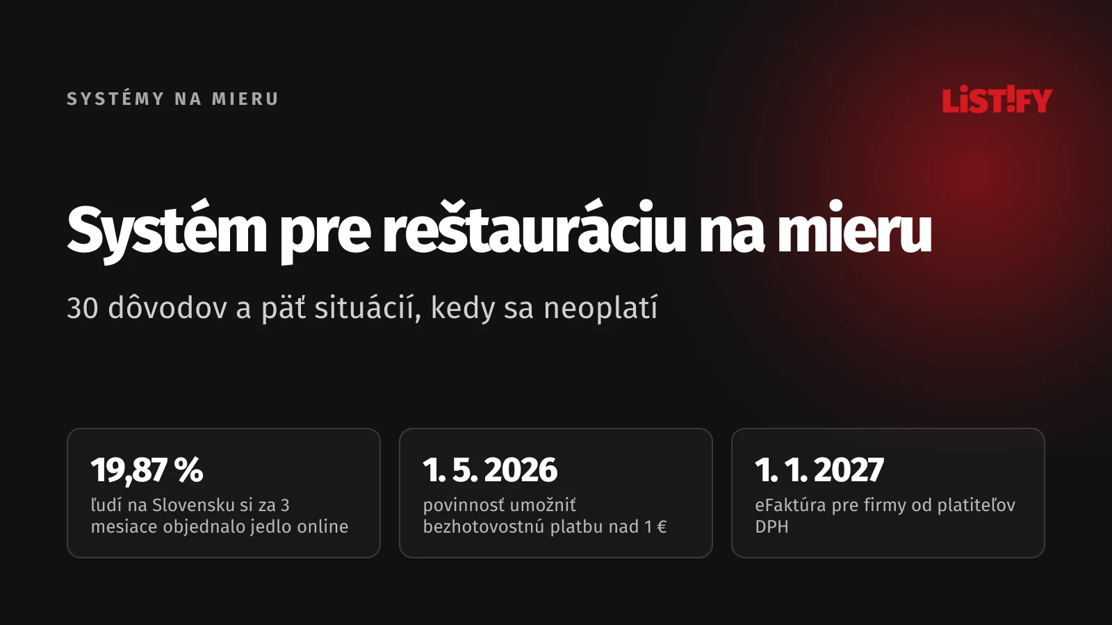 Obálka článku Systém pre reštauráciu na mieru: 19,87 % ľudí na Slovensku si za 3 mesiace objednalo jedlo online, od 1. 5. 2026 povinnosť umožniť bezhotovostnú platbu, od 1. 1. 2027 eFaktúra