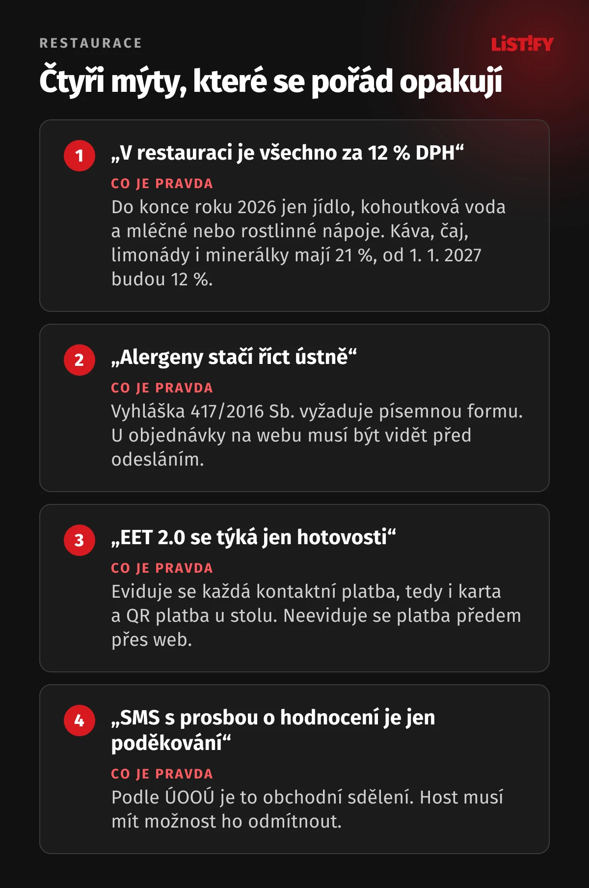 Čtyři mýty o restauracích: v restauraci není všechno za 12 % DPH, alergeny nestačí říct ústně, EET 2.0 se netýká jen hotovosti, SMS s prosbou o hodnocení je obchodní sdělení