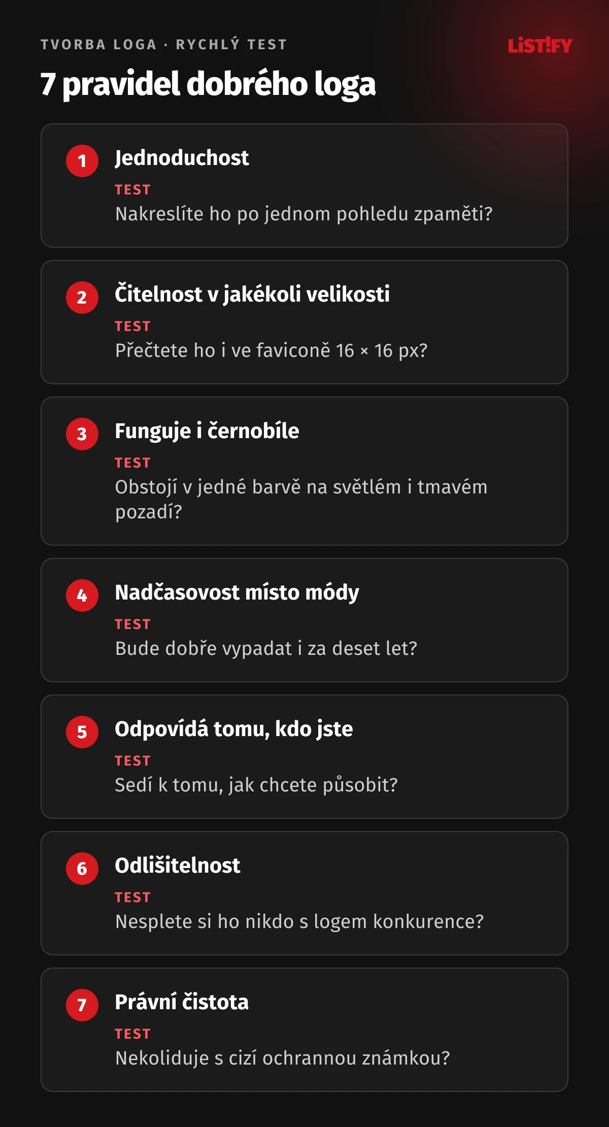 7 pravidel dobrého loga s testem: jednoduchost (nakreslíte ho zpaměti?), čitelnost (přečtete ho v 16 × 16 px?), jedna barva, nadčasovost (obstojí za 10 let?), charakter firmy, odlišnost od konkurence, právní čistota (nekoliduje se známkou?)