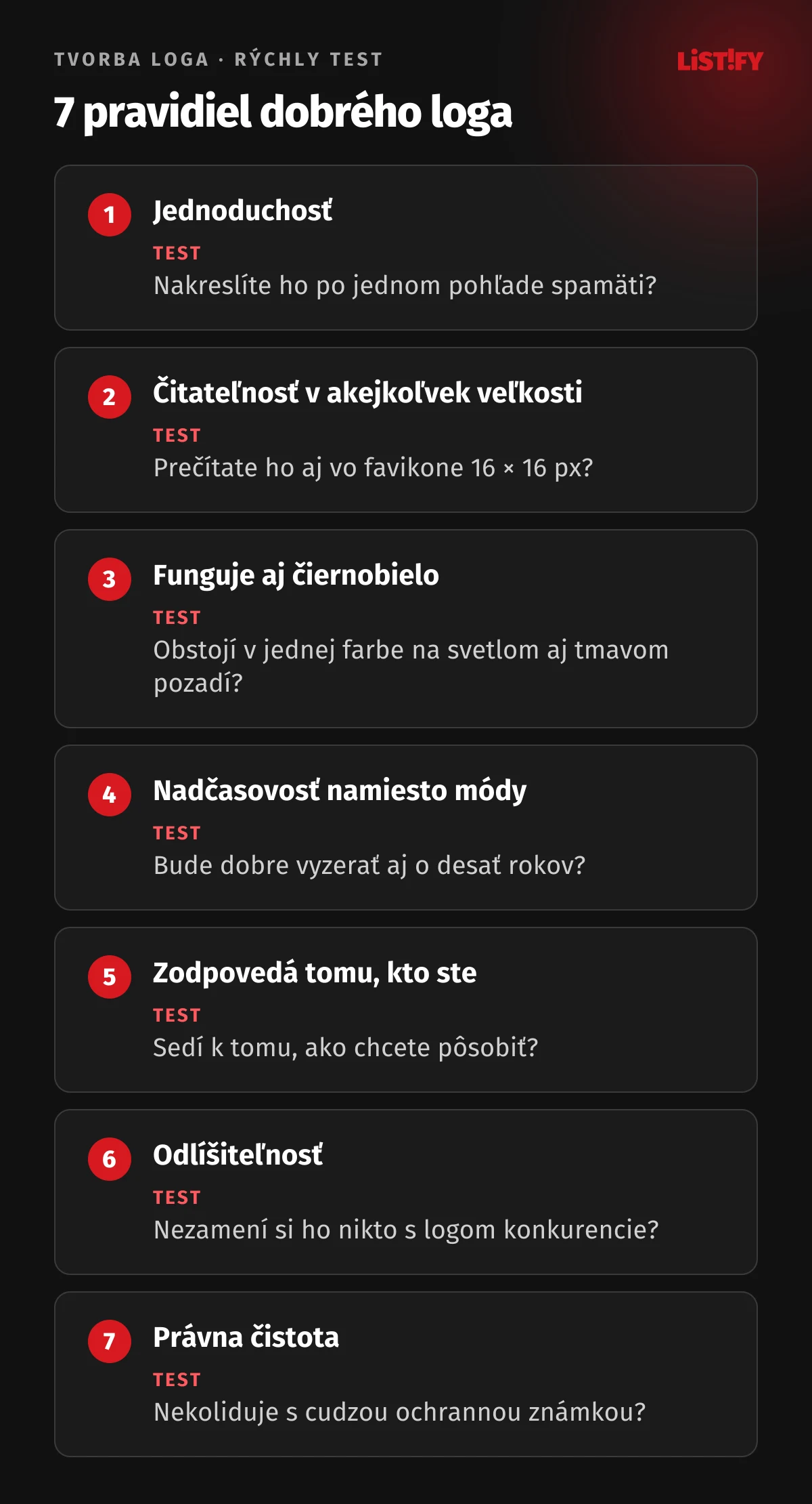 7 pravidiel dobrého loga s testom: jednoduchosť (nakreslíte ho spamäti?), čitateľnosť (prečítate ho v 16 × 16 px?), jedna farba, nadčasovosť (obstojí o 10 rokov?), charakter firmy, odlišnosť od konkurencie, právna čistota (nekoliduje so známkou?)