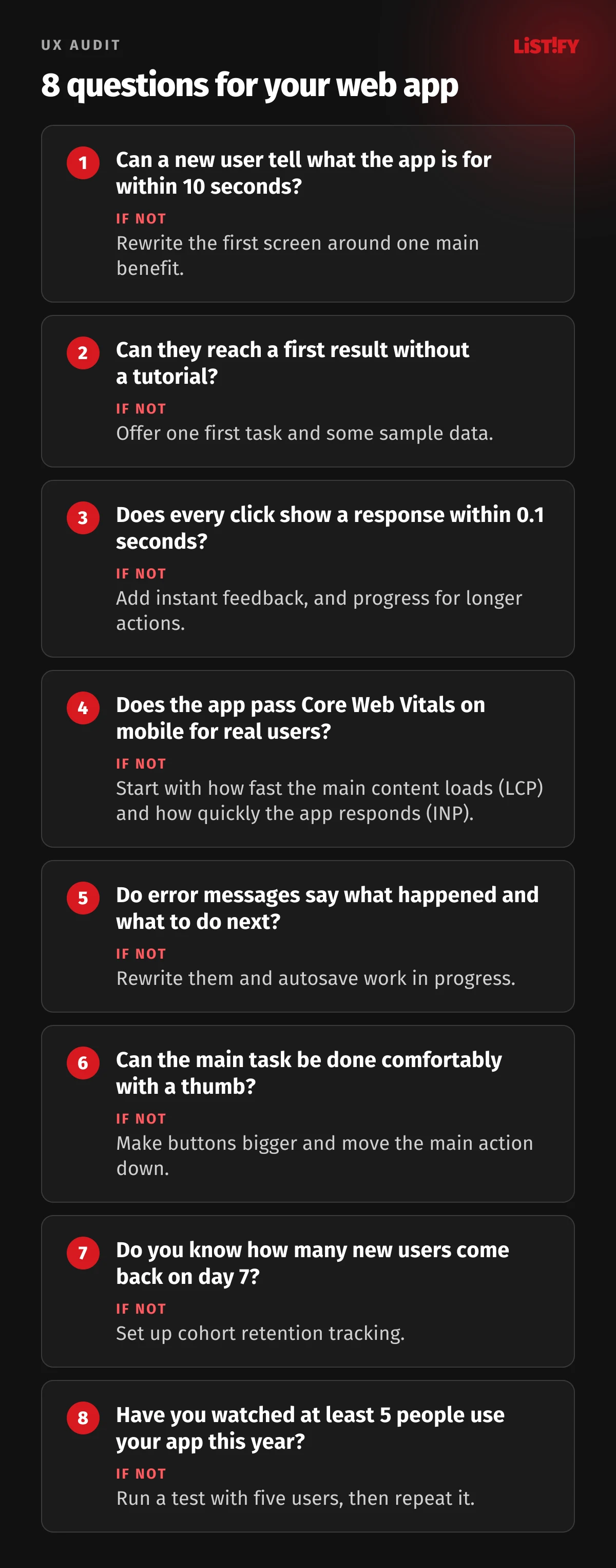 Web app UX audit in 8 questions: purpose clear within 10 seconds, a result without a tutorial, response within 0.1 s, Core Web Vitals on mobile, helpful error messages, main task by thumb, day 7 retention and a test with 5 people