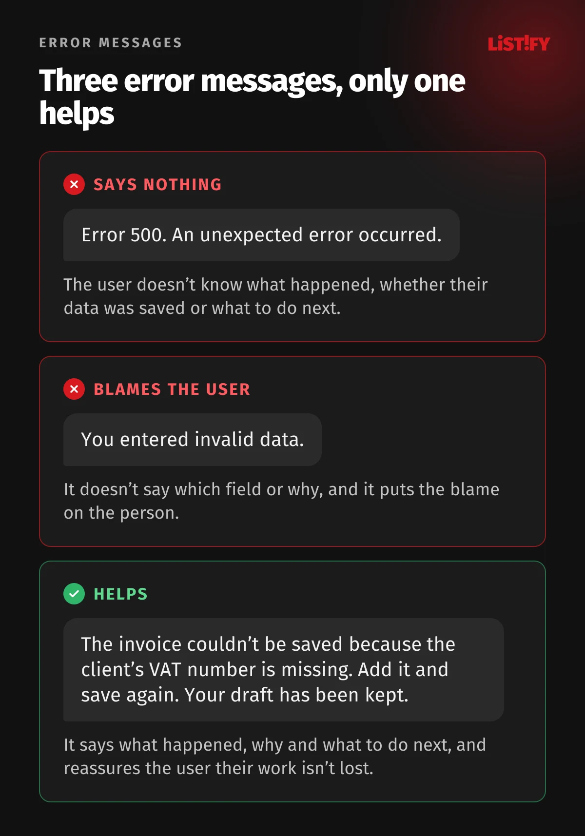 Three error messages: Error 500 with no explanation is bad, You entered invalid data blames the user, a good message says the invoice couldn’t be saved because the client’s VAT number is missing and the draft has been kept