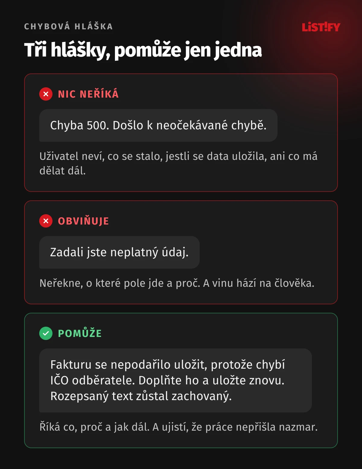 Tři chybové hlášky: hláška Chyba 500 nic nevysvětlí, Zadali jste neplatný údaj obviňuje uživatele, dobrá hláška říká, že fakturu nešlo uložit kvůli chybějícímu IČO odběratele a rozepsaný text zůstal zachovaný