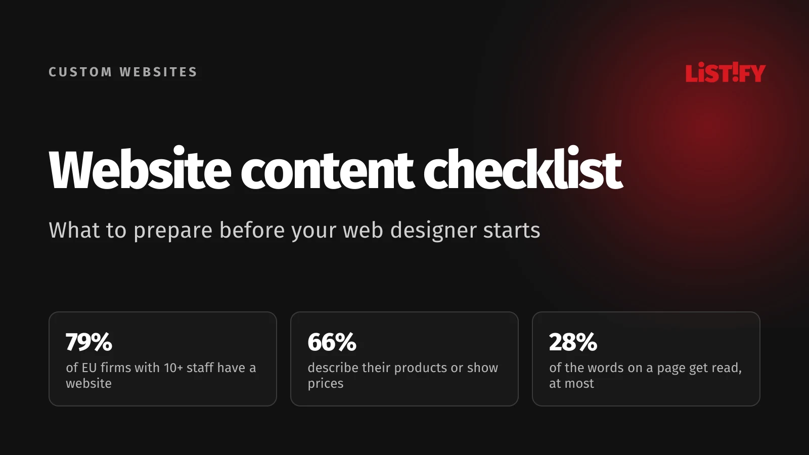 Cover of the website content checklist: 79% of EU businesses with 10 or more employees have a website, 66% describe their products or prices, users read at most 28% of the words on a page