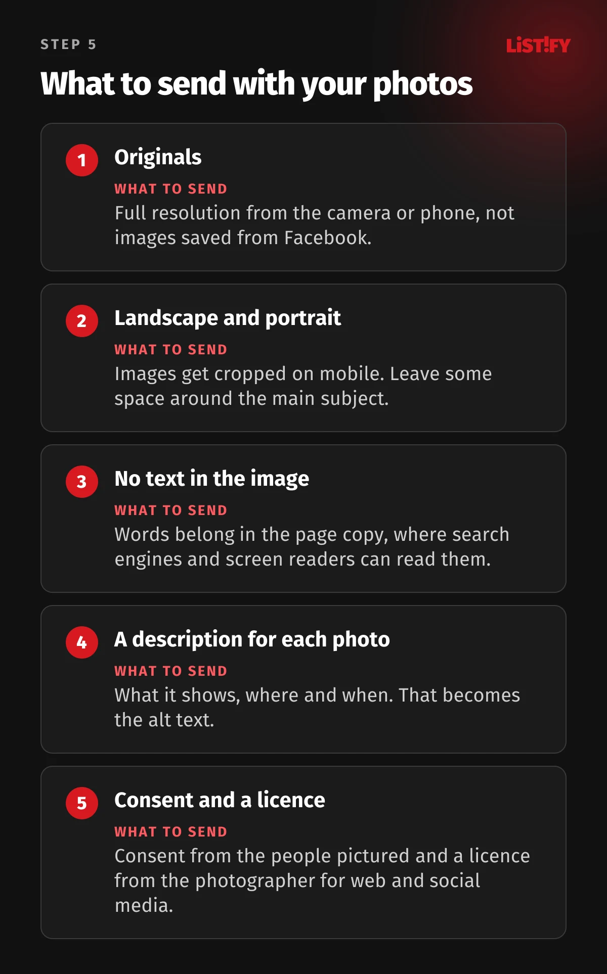 What to send your designer with photos: full resolution originals, landscape and portrait shots, no text in the image, a description for each photo, consent and a licence