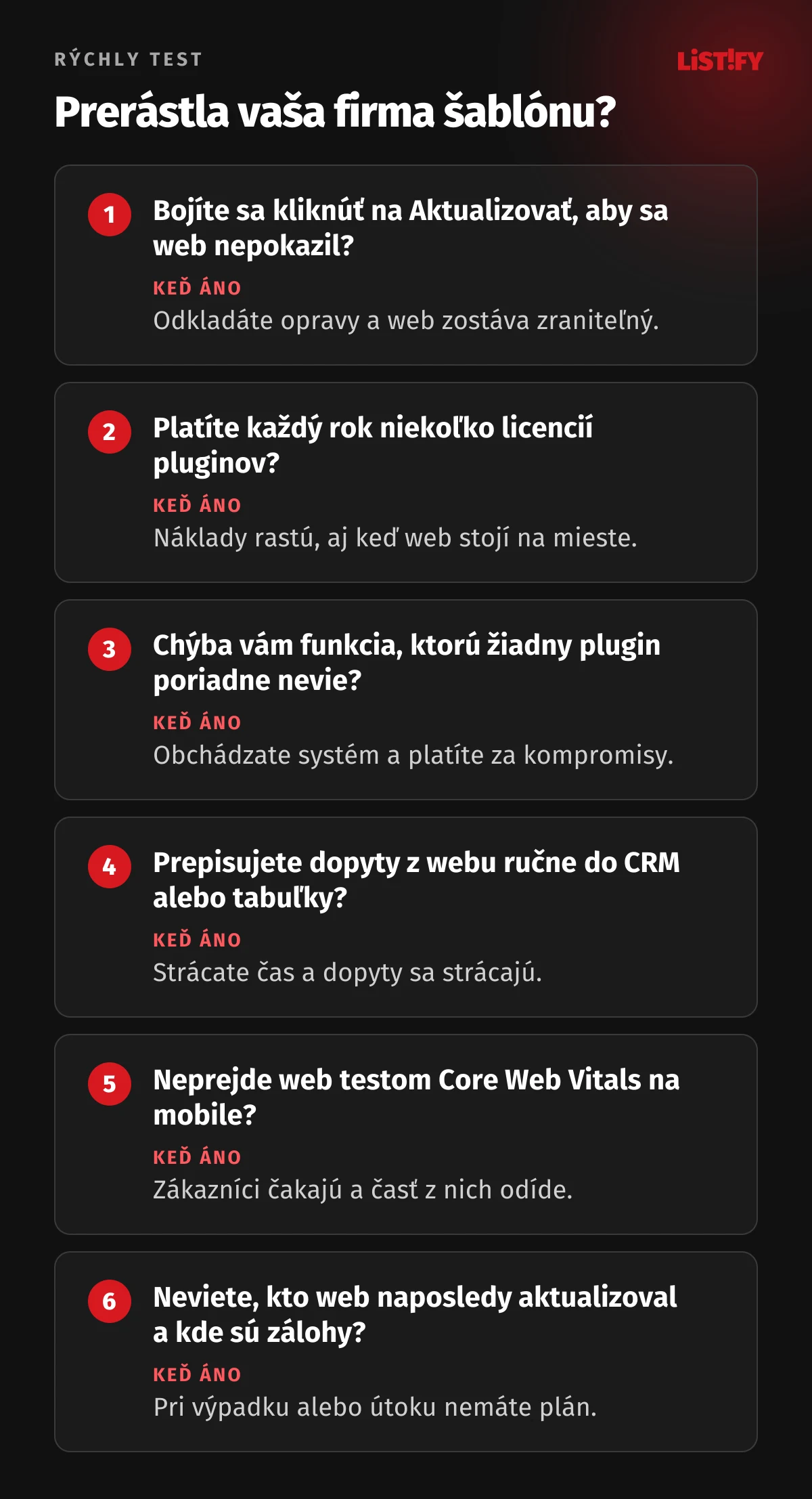 Rýchly test, či firma prerástla šablónový web: šesť otázok o strachu z aktualizácií, licenciách pluginov, chýbajúcich funkciách, ručnom prepisovaní dopytov, pomalom mobilnom webe a zálohách, pri každej s dôsledkom odpovede áno