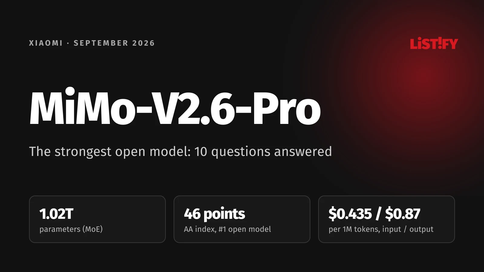 MiMo-V2.6-Pro article cover: 1.02 trillion parameters, 46 points on the Artificial Analysis index as the top open model and $0.435 and $0.87 per million tokens