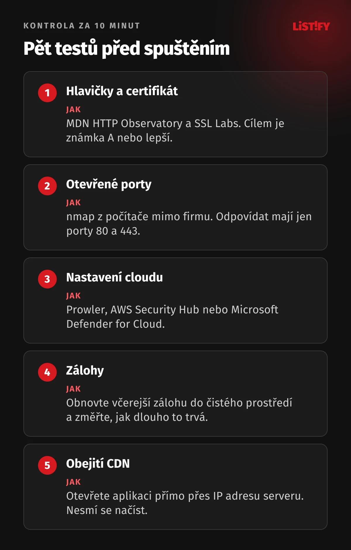 Pět testů před spuštěním: hlavičky a certifikát v MDN HTTP Observatory a SSL Labs, otevřené porty nástrojem nmap, nastavení cloudu nástrojem Prowler, obnova zálohy, přístup přes IP adresu serveru mimo CDN