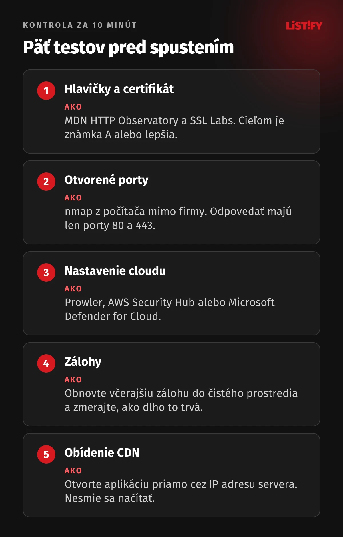 Päť testov pred spustením: hlavičky a certifikát v MDN HTTP Observatory a SSL Labs, otvorené porty nástrojom nmap, nastavenie cloudu nástrojom Prowler, obnova zálohy, prístup cez IP adresu servera mimo CDN