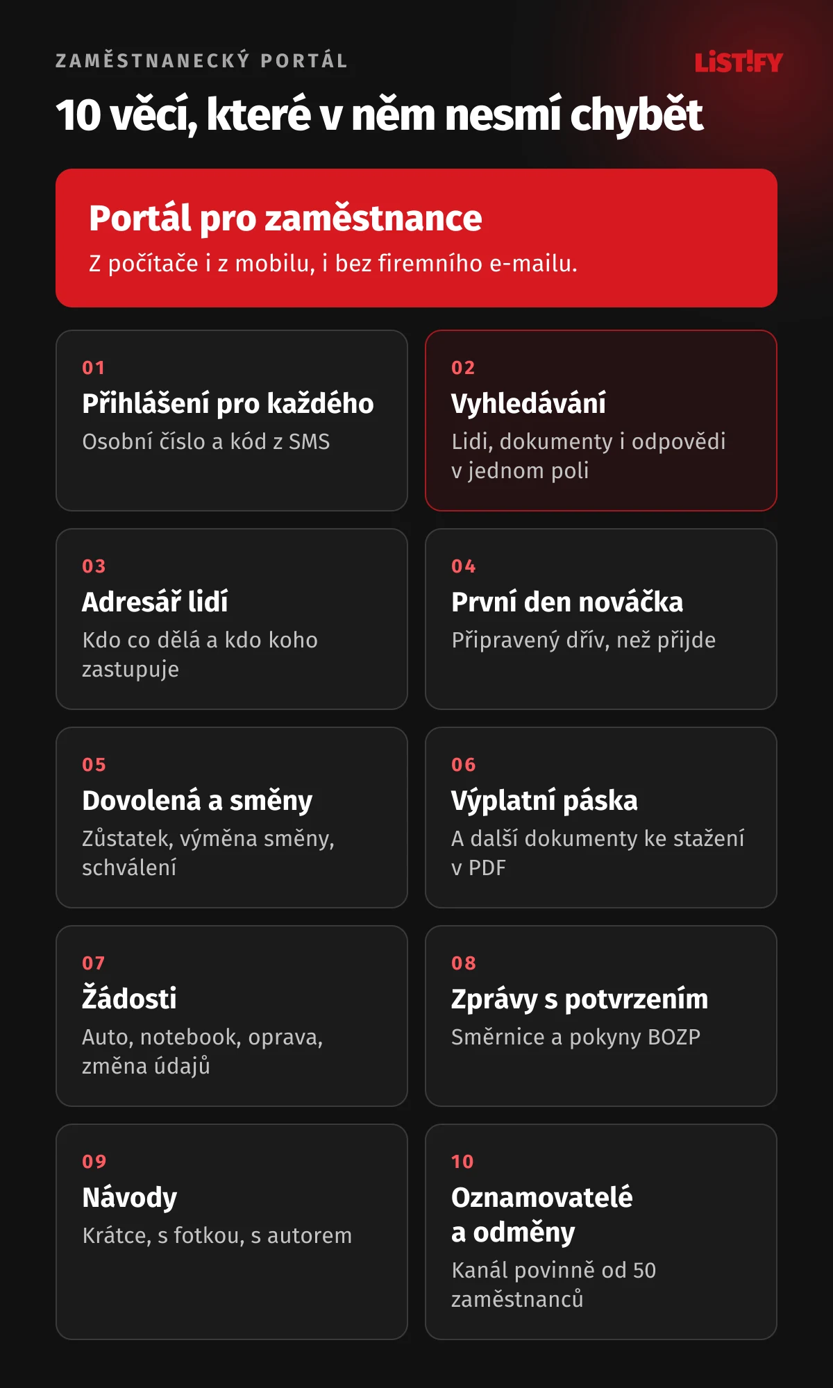 Zaměstnanecký portál a 10 věcí, které v něm nesmí chybět: přihlášení v mobilu, vyhledávání, adresář lidí, první den nováčka, dovolená a směny, výplatní páska a dokumenty, žádosti, firemní zprávy s potvrzením, návody a kanál pro oznamovatele