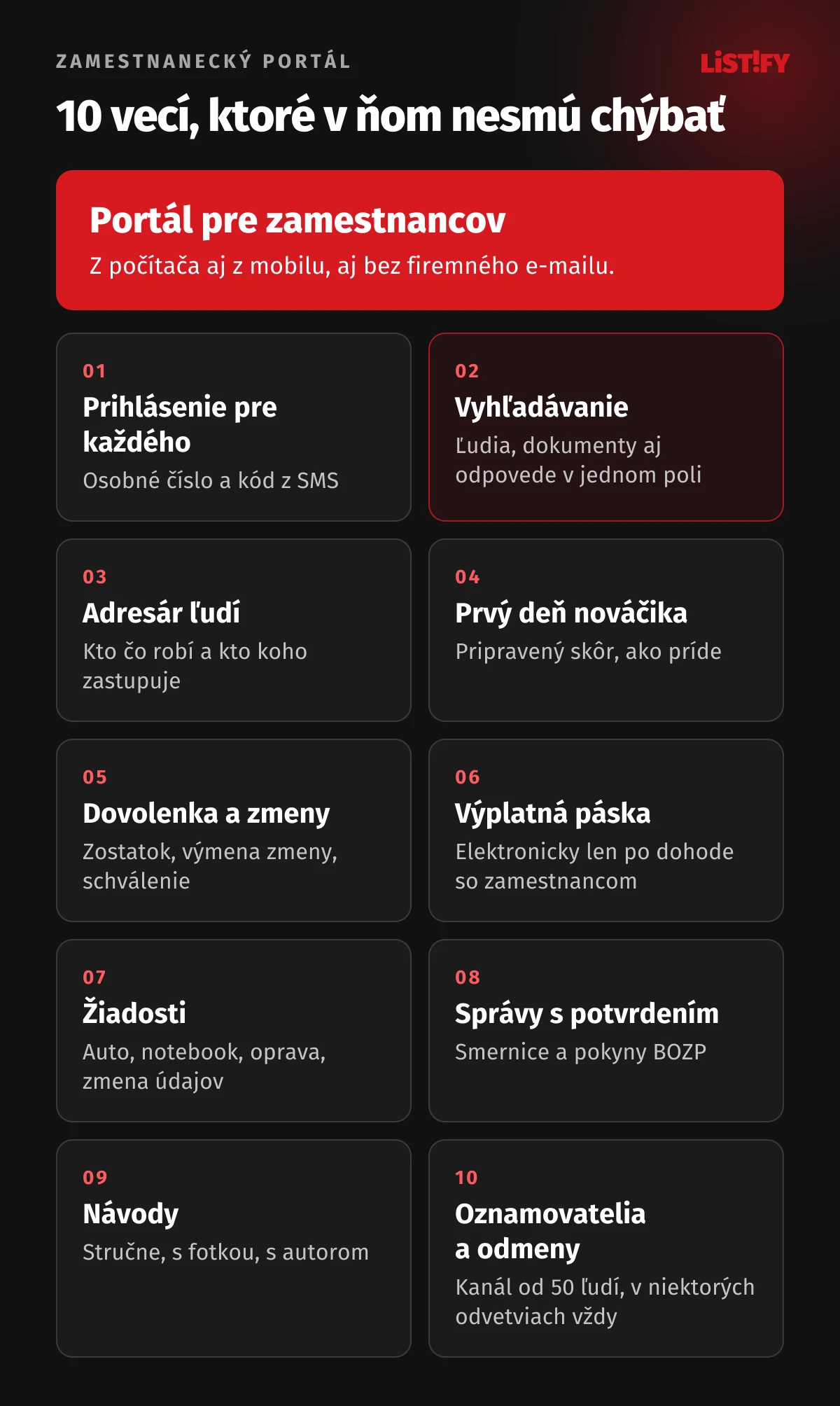 Zamestnanecký portál a 10 vecí, ktoré v ňom nesmú chýbať: prihlásenie v mobile, vyhľadávanie, adresár ľudí, prvý deň nováčika, dovolenka a zmeny, výplatná páska a dokumenty, žiadosti, firemné správy s potvrdením, návody a kanál pre oznamovateľov