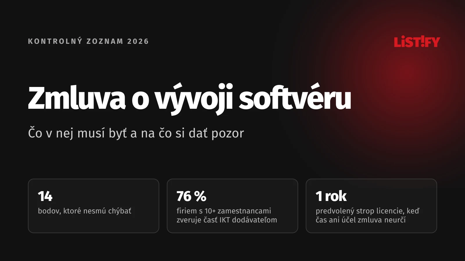 Obálka článku Zmluva o vývoji softvéru: 14 bodov, 76 % slovenských firiem s 10+ zamestnancami zveruje časť IKT dodávateľom, licencia bez dohodnutého času a jasného účelu najviac na 1 rok