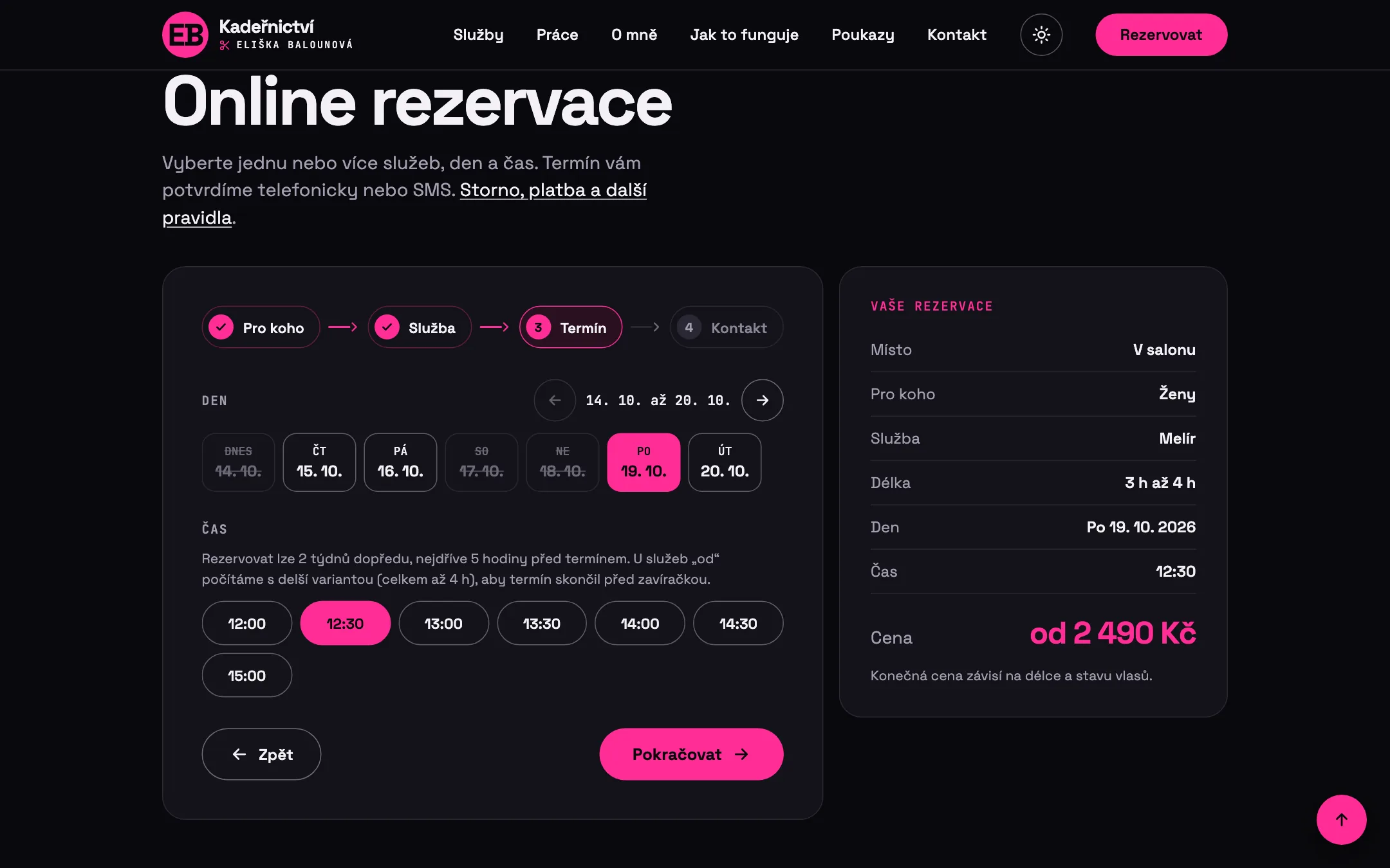 EB kadeřnictví online booking on a desktop: the steps Pro koho, Služba, Termín and Kontakt, a week of days and free time slots from 12:00 to 15:00, and on the right a booking summary with the place V salonu, the service Melír, a length of 3 to 4 hours and a price from CZK 2,490