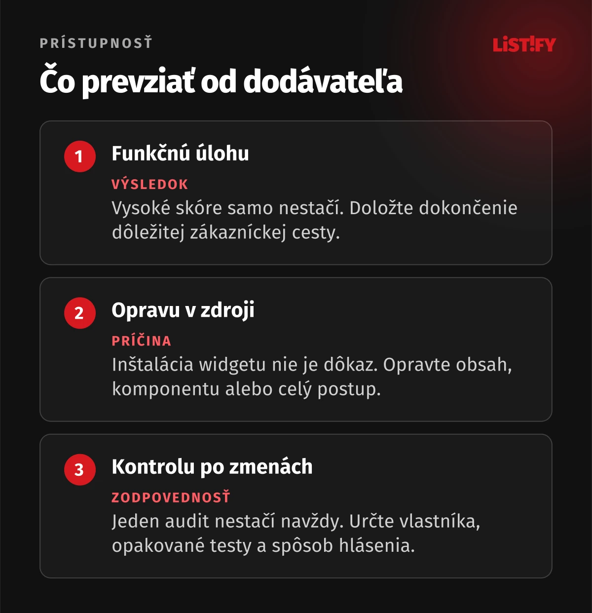Prevzatie prístupnosti stojí na funkčnej úlohe, oprave spoločného zdroja a opakovanom overení po zmenách.
