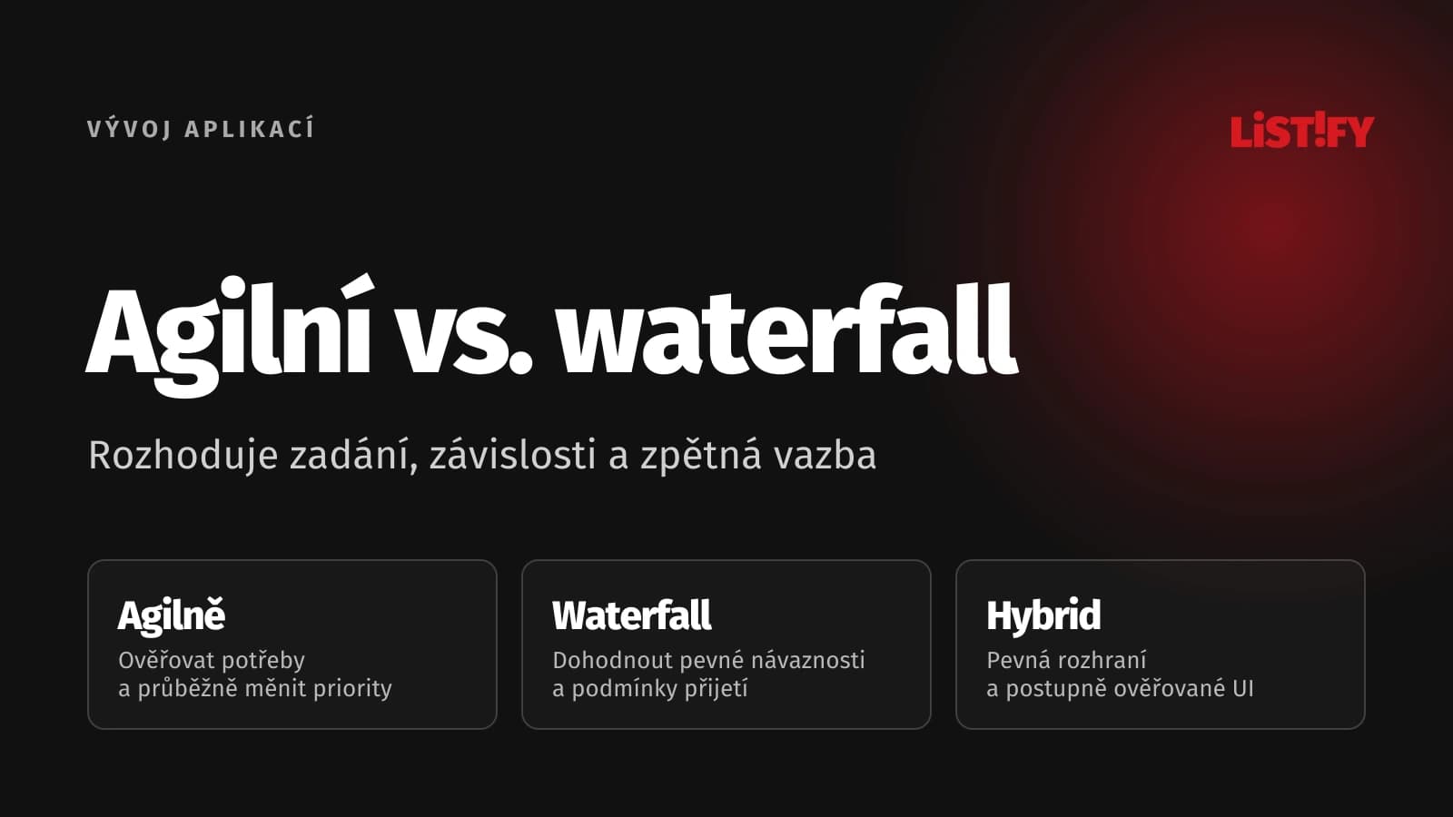 Agilní vývoj, waterfall a hybridní přístup podle zadání, závislostí a zpětné vazby