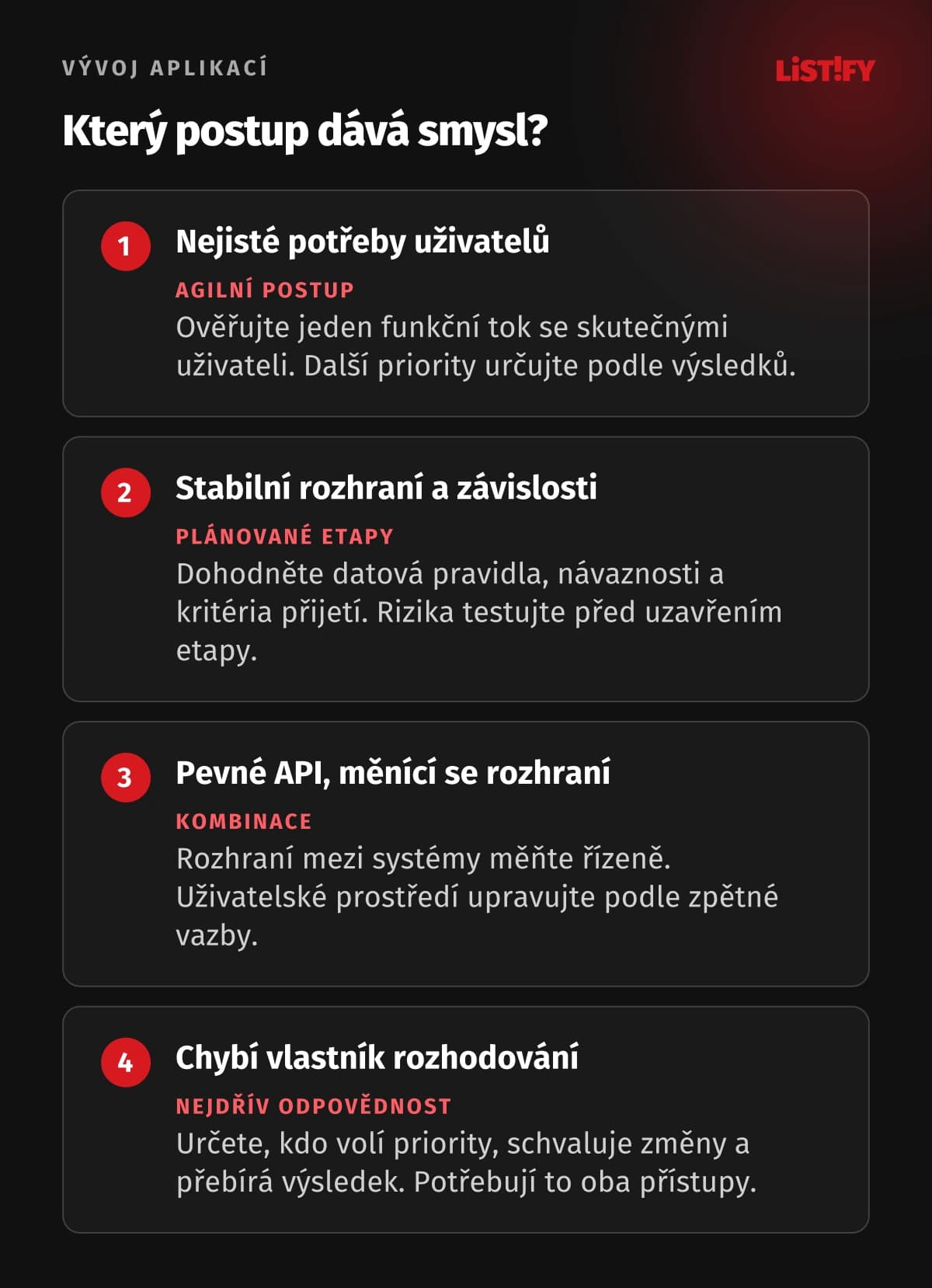 Čtyři situace pro volbu iterací, plánovaných etap, kombinace postupů a jasné odpovědnosti