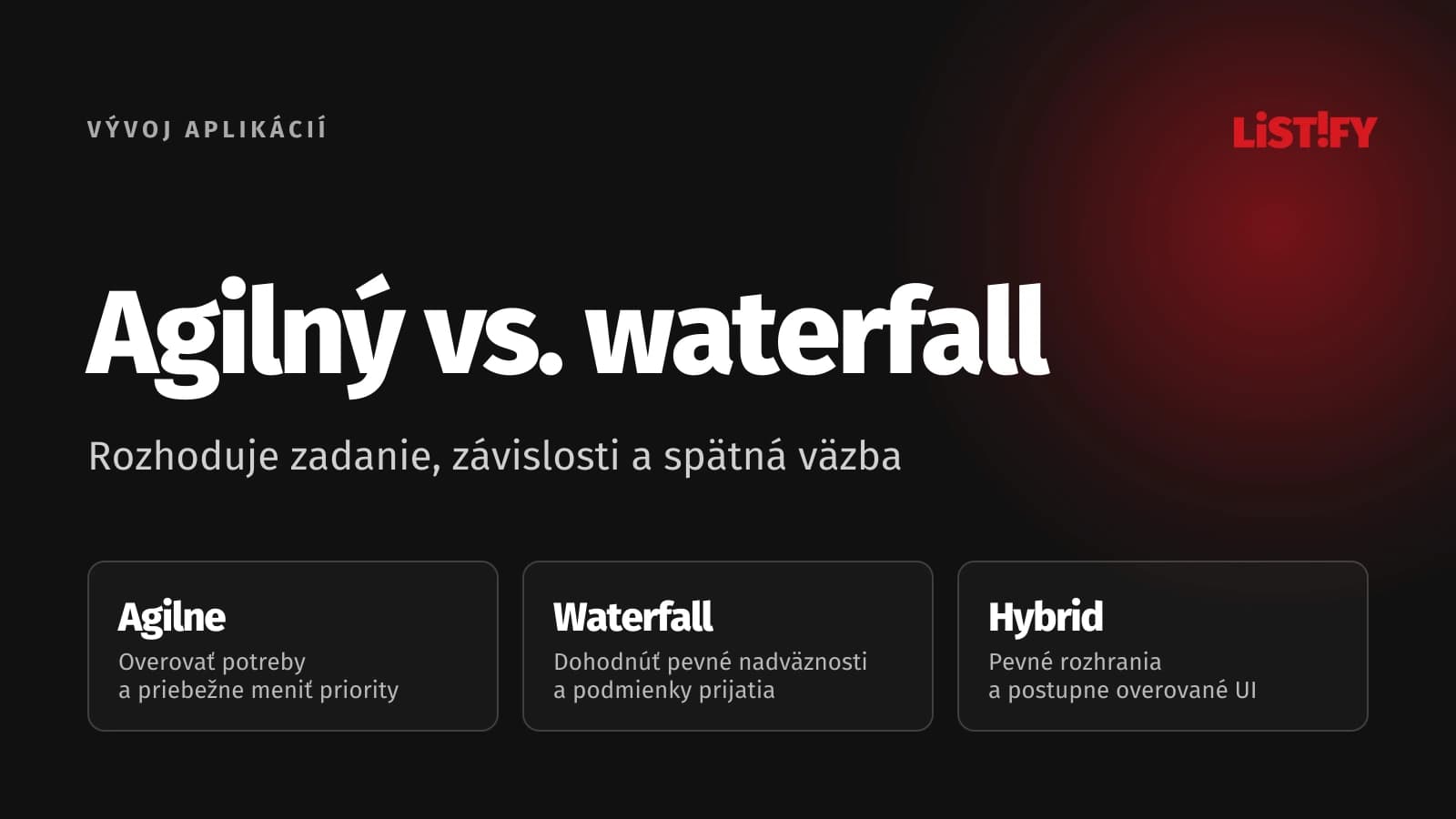 Agilný vývoj, waterfall a hybridný prístup podľa zadania, závislostí a spätnej väzby