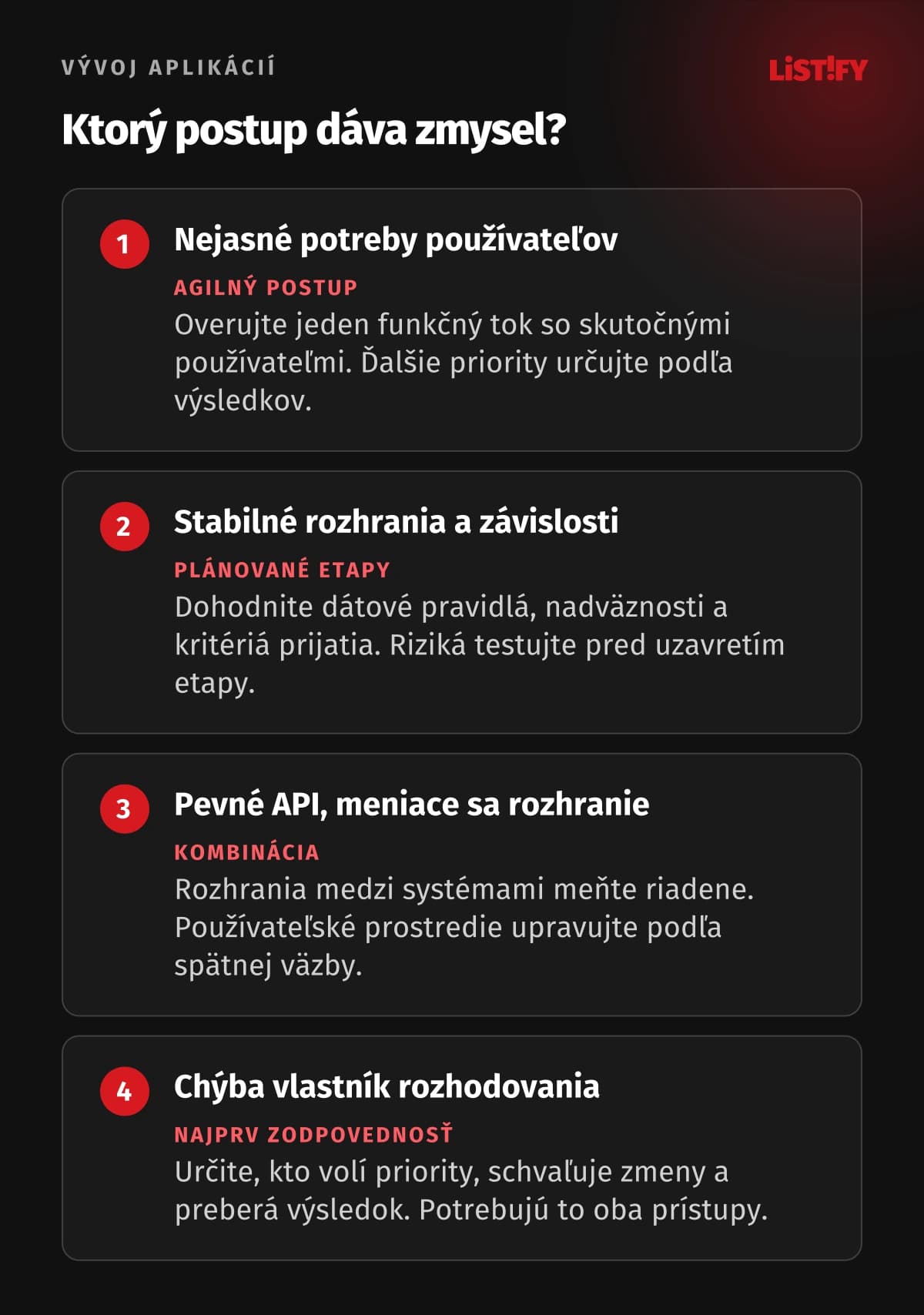 Štyri situácie pre voľbu iterácií, plánovaných etáp, kombinácie postupov a jasnej zodpovednosti