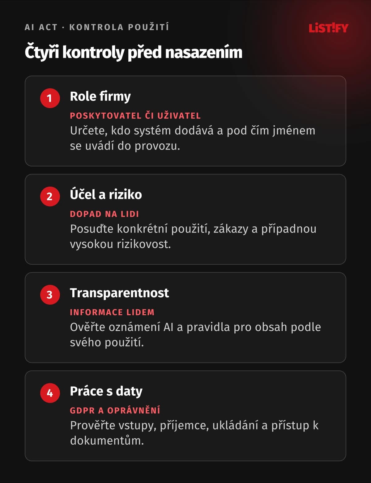 Čtyři kontroly AI ve firmě: role poskytovatele či zavádějícího subjektu, účel a riziko, transparentnost a práce s daty