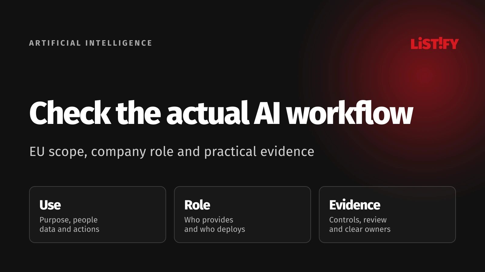 An EU AI Act business review organized around the use case, company role, and evidence for responsible operation