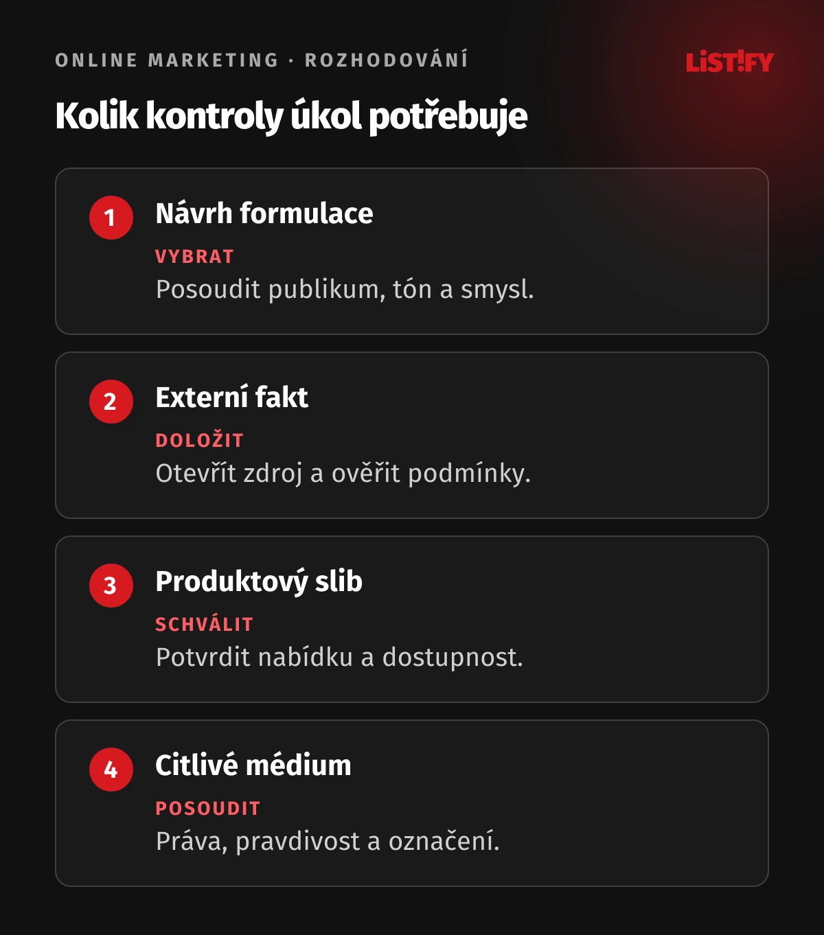 Čtyři úrovně kontroly AI obsahu: návrh, doložení faktů, schválení slibů a posouzení citlivého použití.