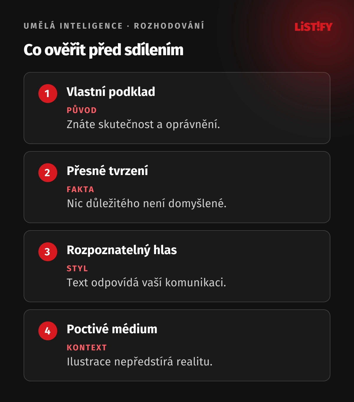 Čtyři kontroly obsahu s AI: vlastní podklad, přesné tvrzení, hlas značky a poctivý původ