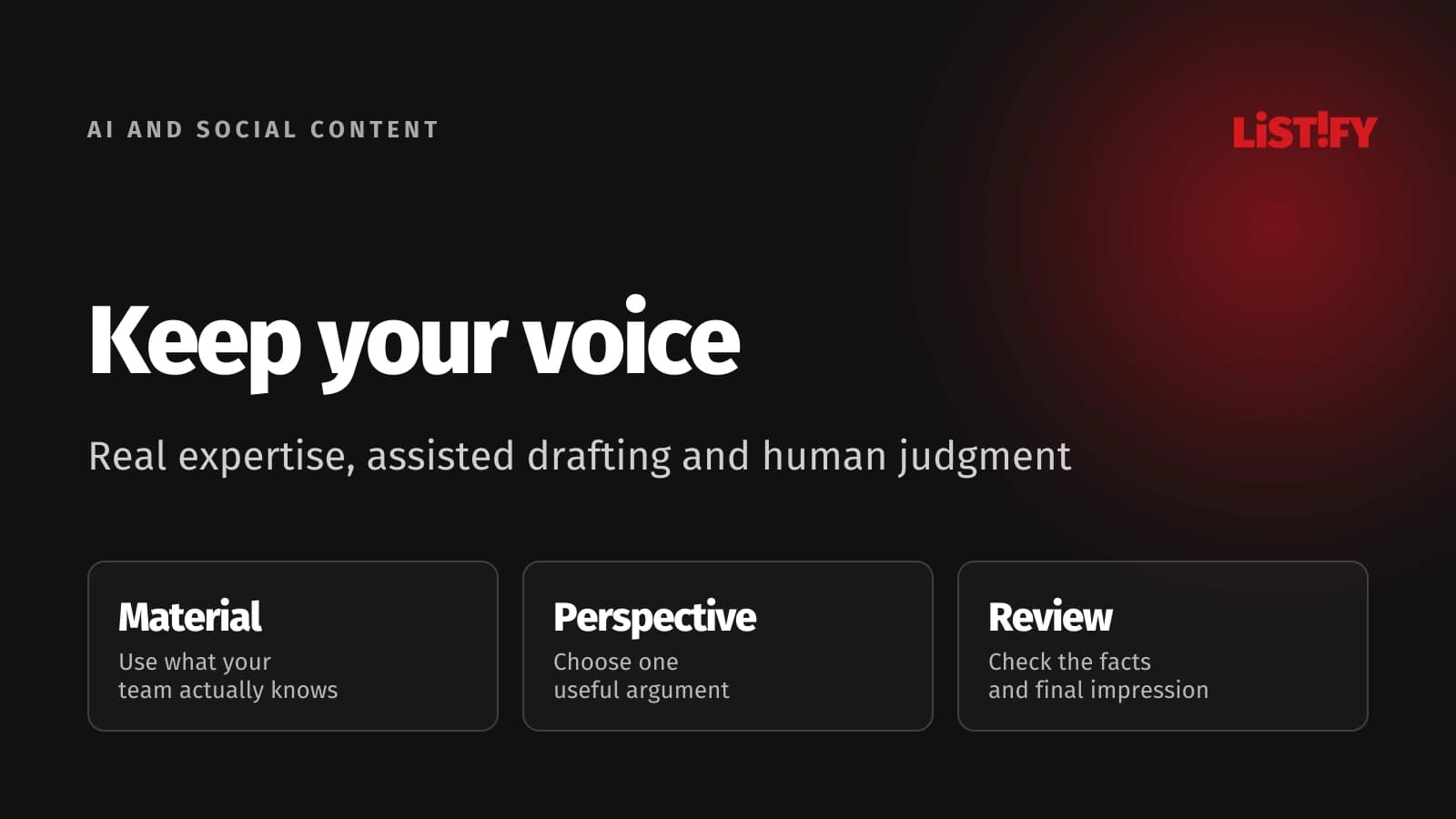 AI-assisted social content connecting expert material, brand voice and factual review