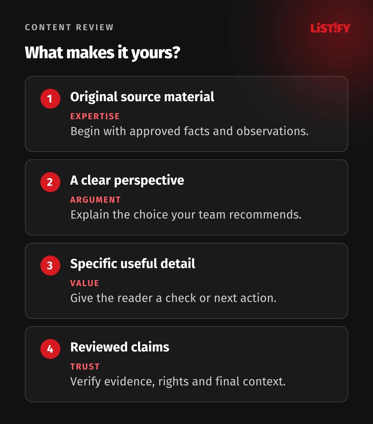 Four checks for a distinctive AI-assisted post: original source material, clear perspective, specific detail and reviewed claims
