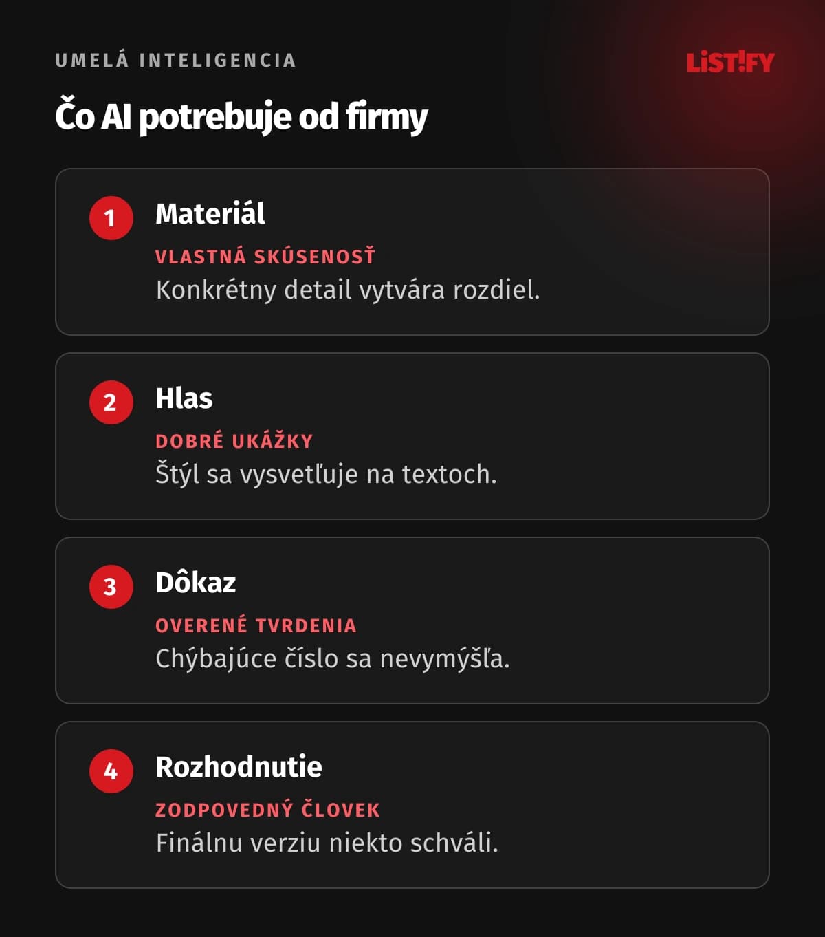 Štyri časti originálneho obsahu: materiál, hlas, dôkaz a rozhodnutie