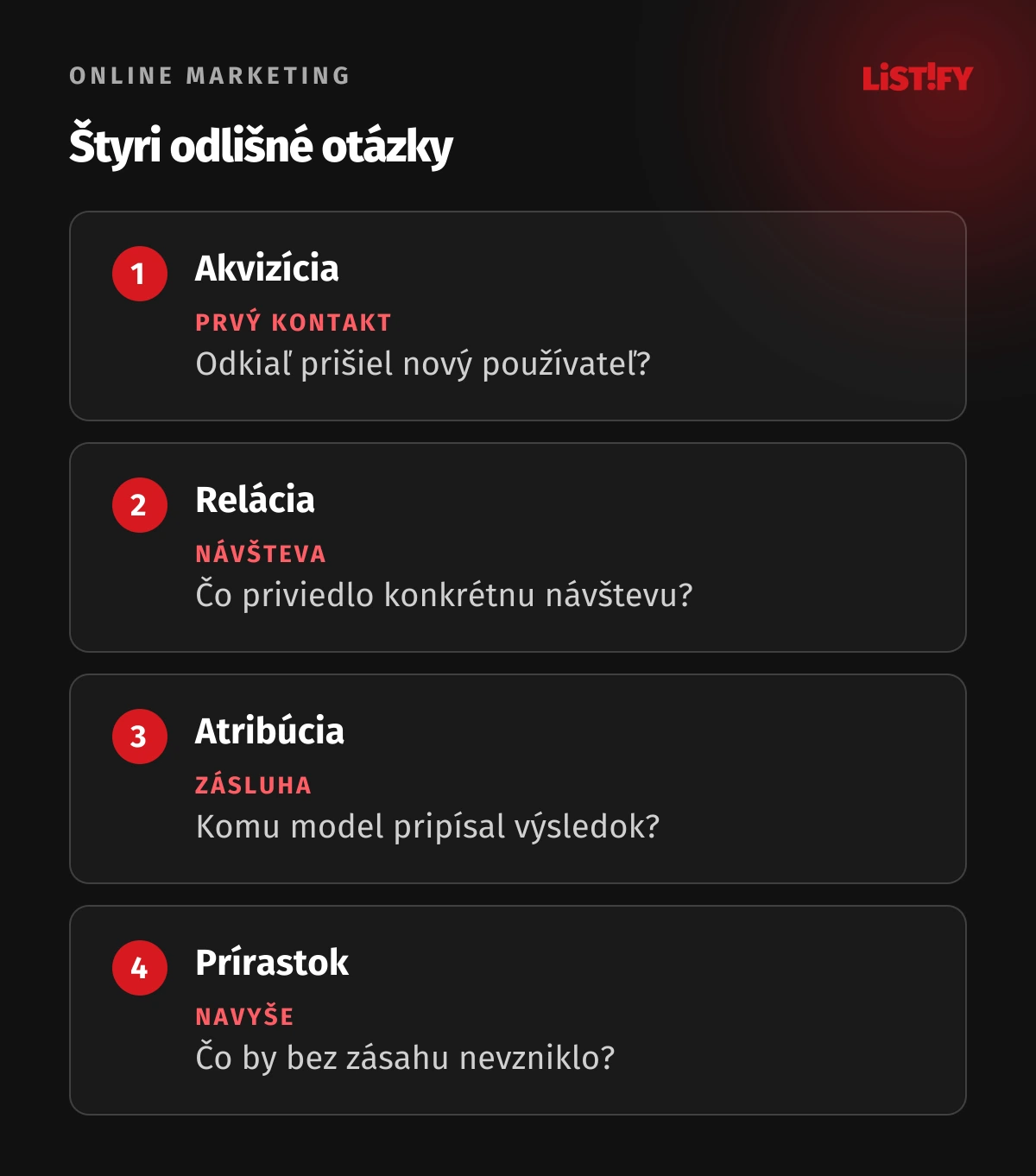 Rozlíšenie merania: prvá akvizícia, relácia, atribučná zásluha a prírastkový výsledok.