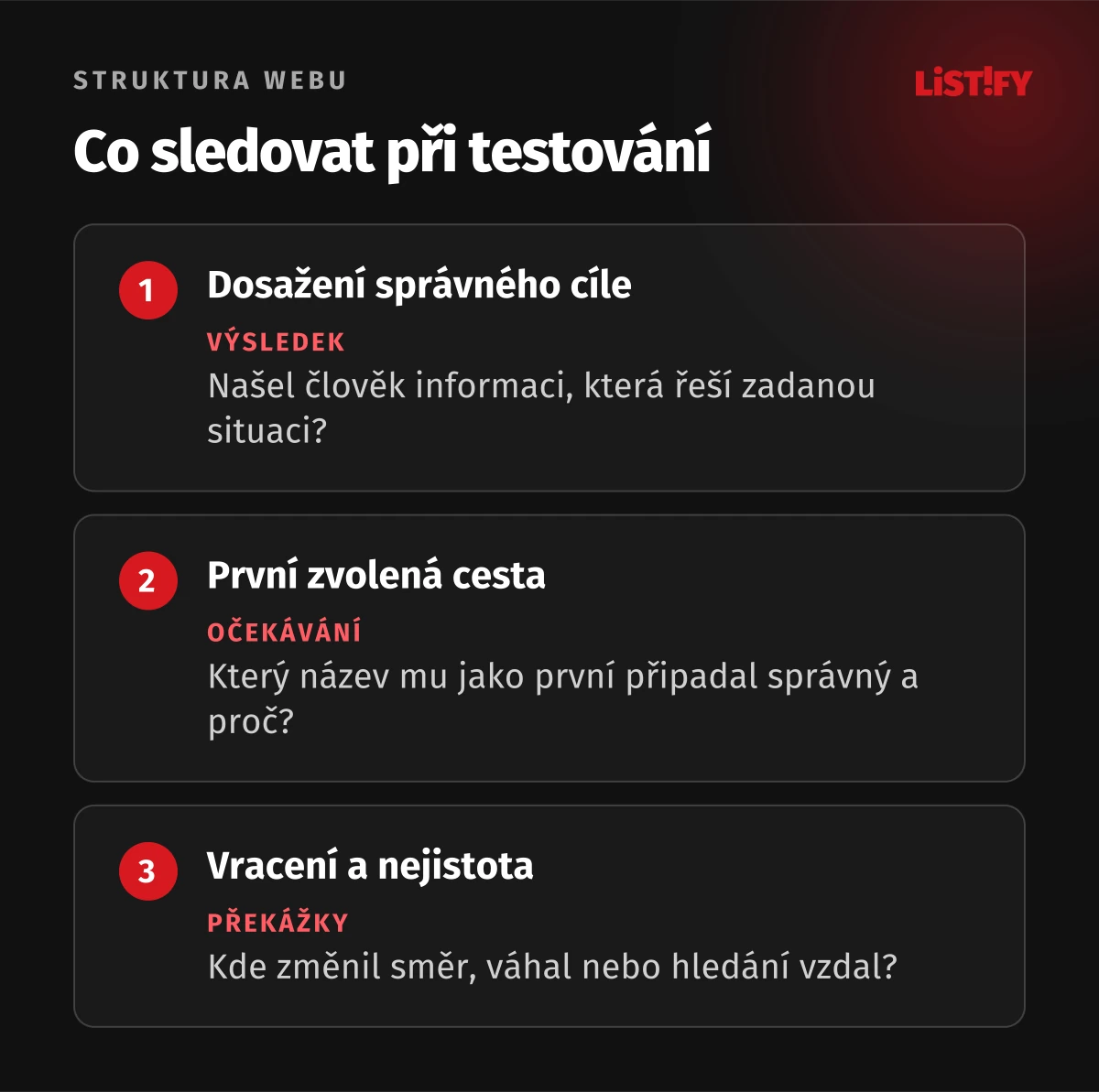 Tři signály navigačního testu: správný cíl, první volba a vracení mezi větvemi