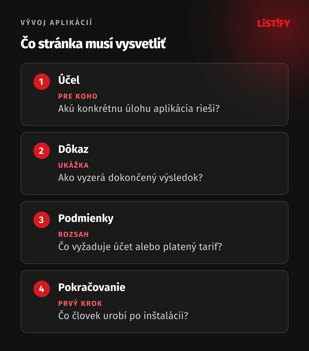 Štyri otázky produktovej stránky: účel, dôkaz, podmienky a ďalší krok.