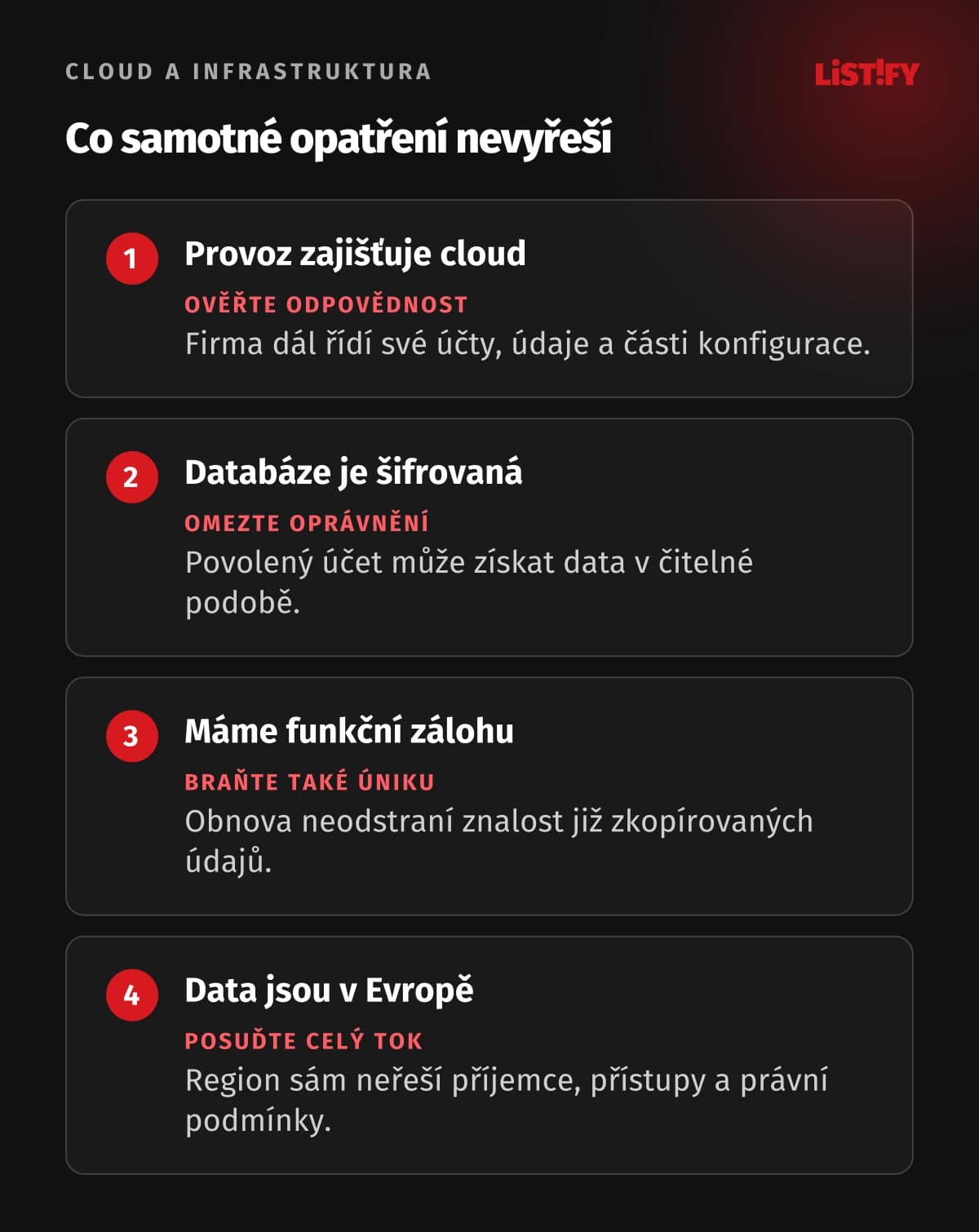 Čtyři hranice cloudové ochrany: poskytovatel versus konfigurace, šifrování versus oprávnění, záloha versus únik a region versus právní posouzení